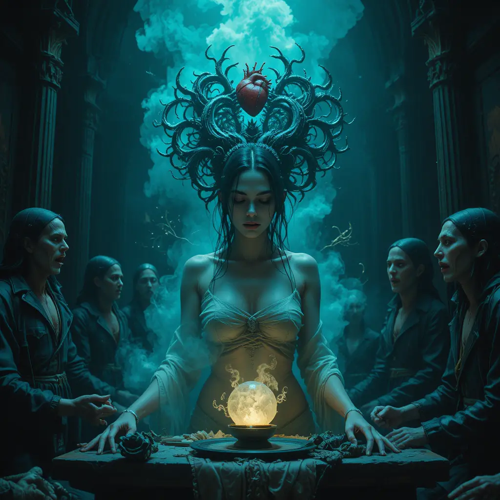 Surreal gothic witch trial with a defiant central woman