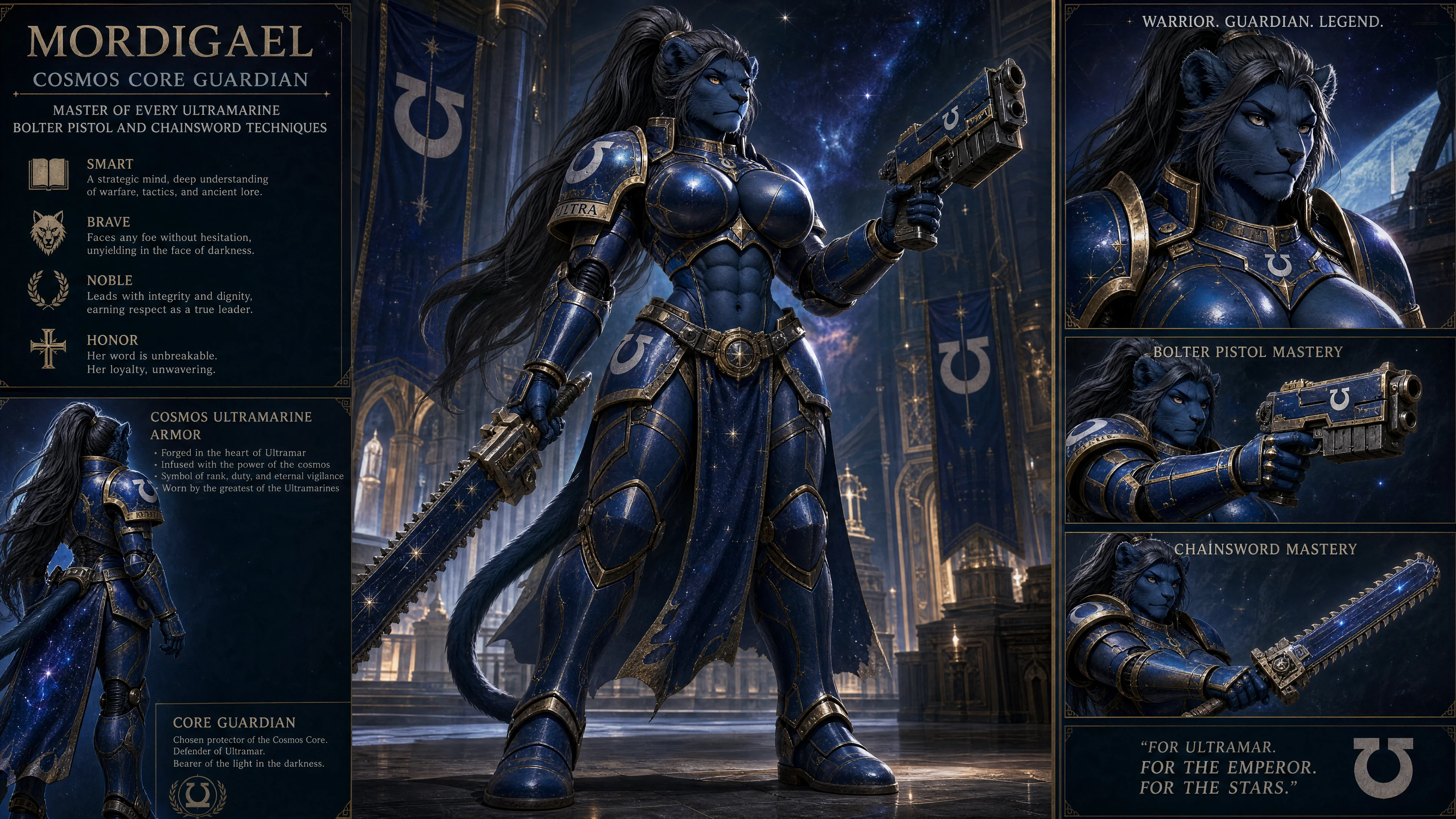 Cosmic lion warrior woman in ultramarine armor