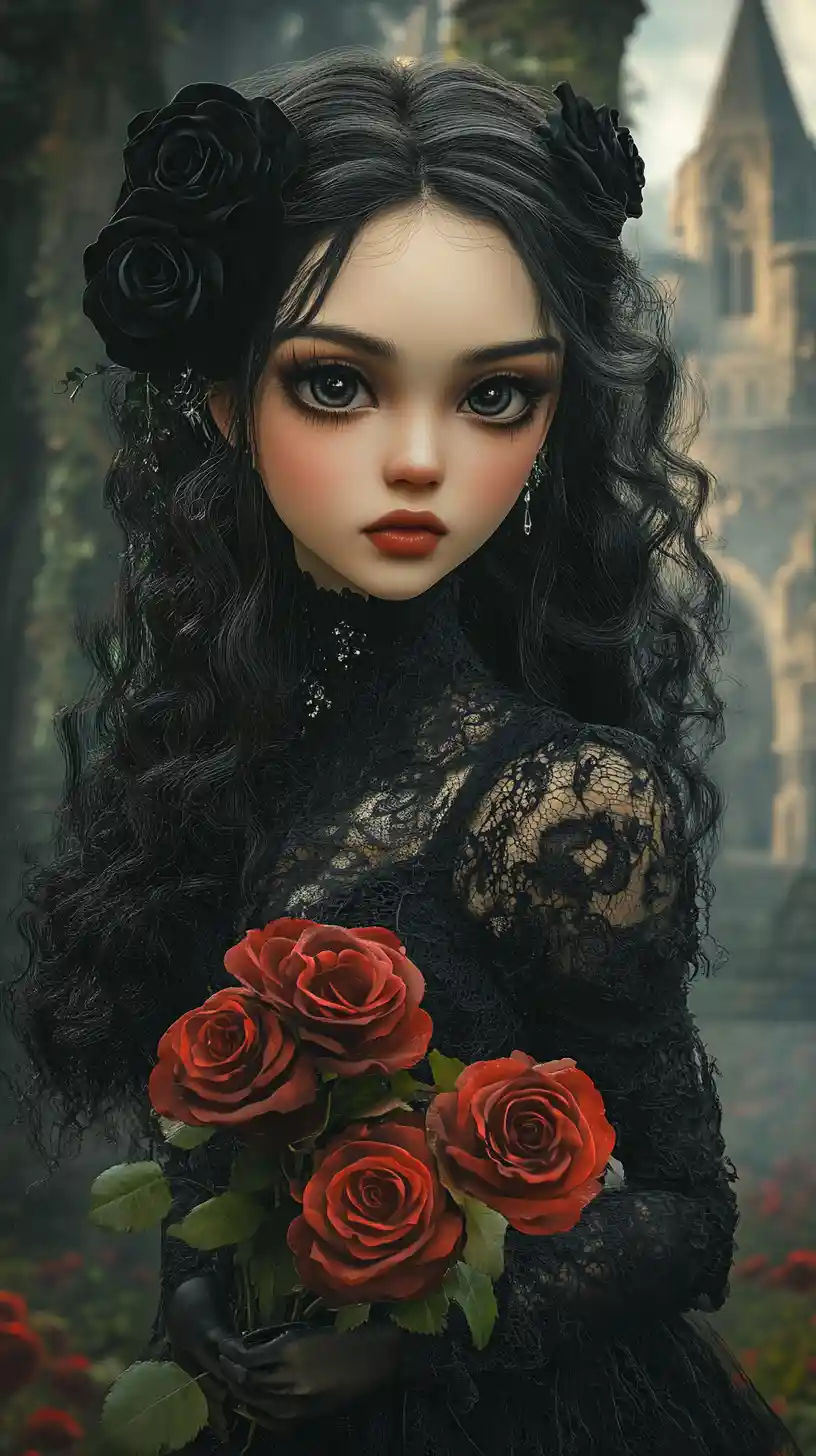 Gothic-Mädchen mit schwarzem Spitzenkleid und roten Rosen