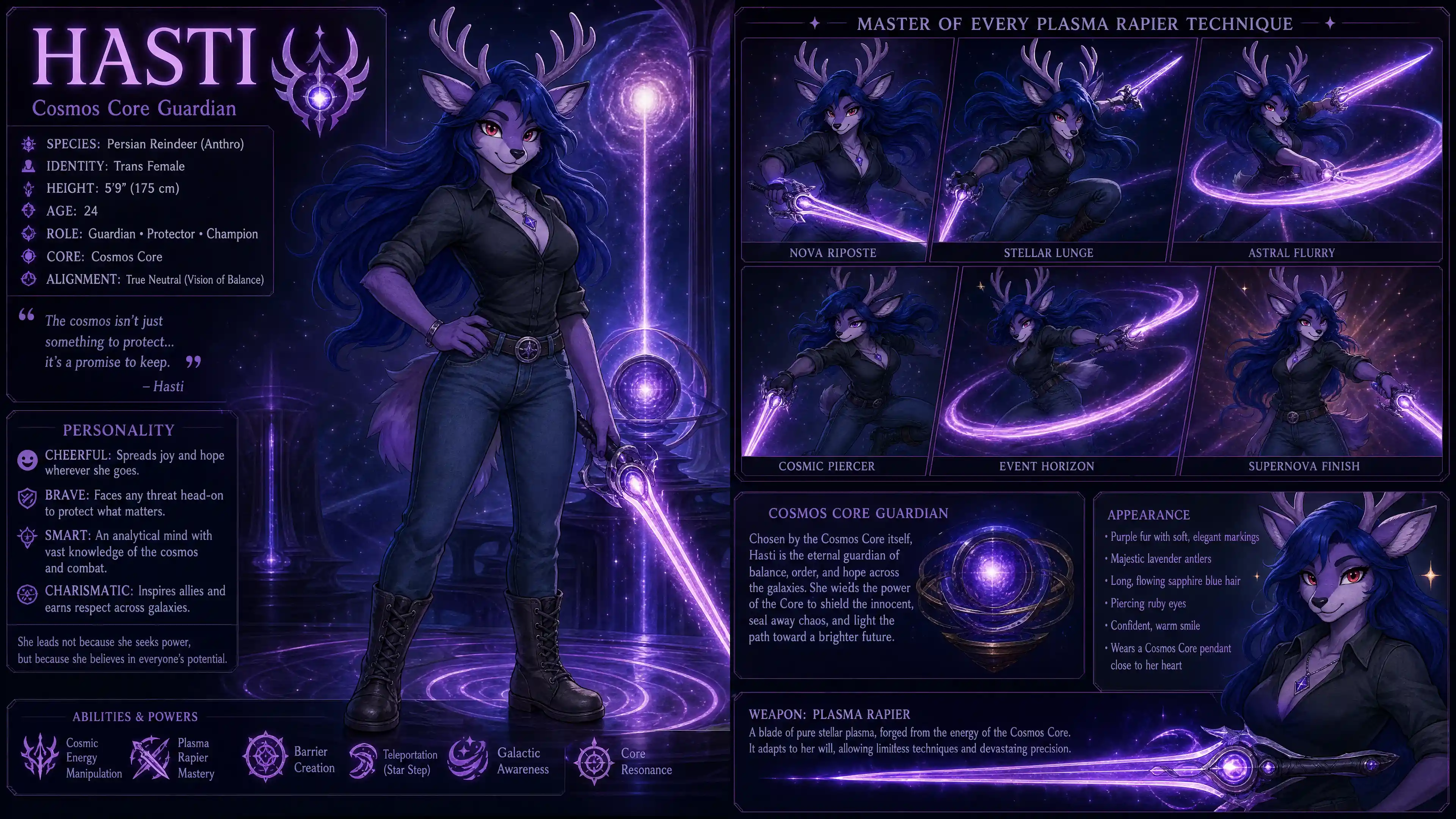 Anthro purple reindeer warrior with plasma rapier