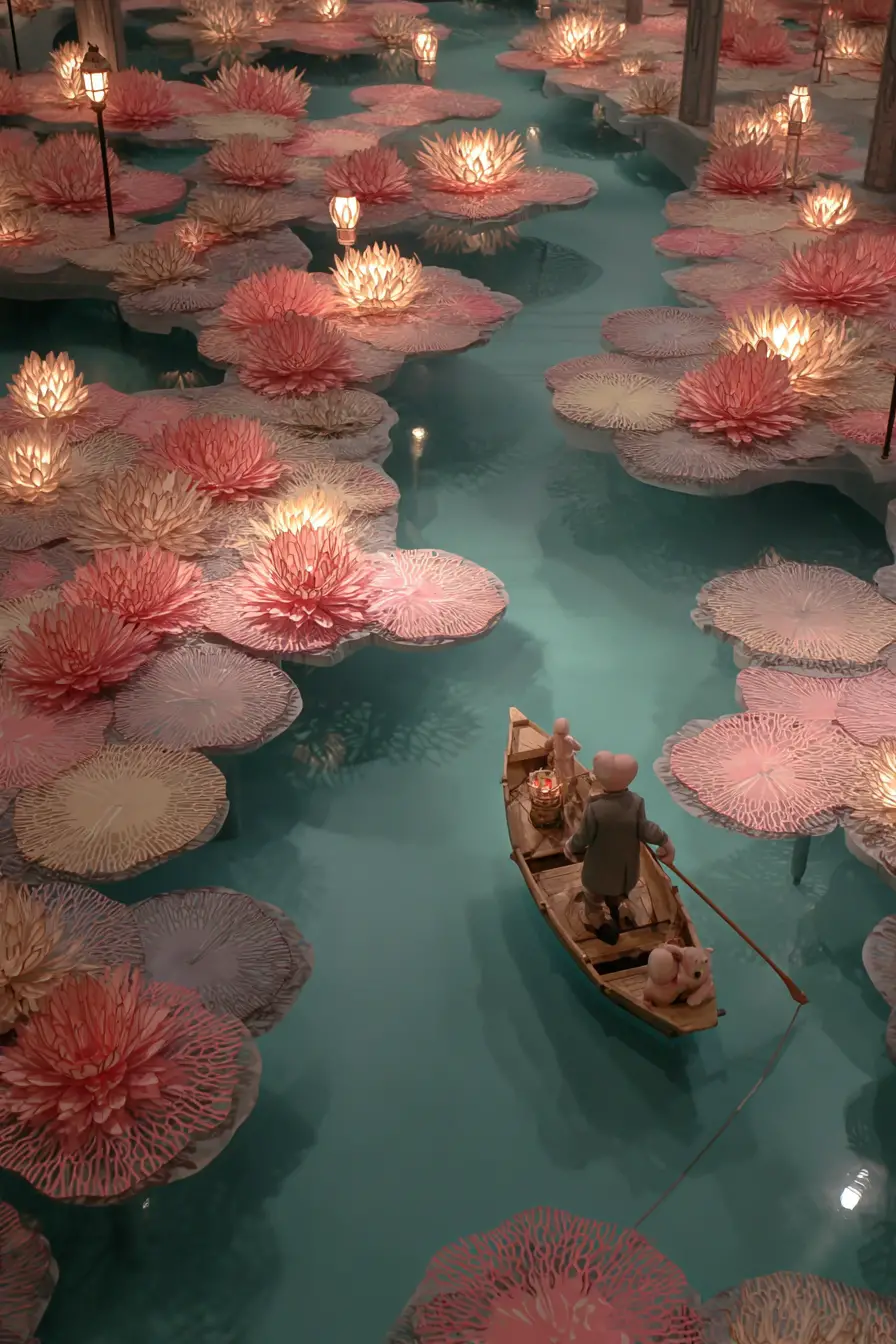Enchanting canal city on giant lily pads with mice boats