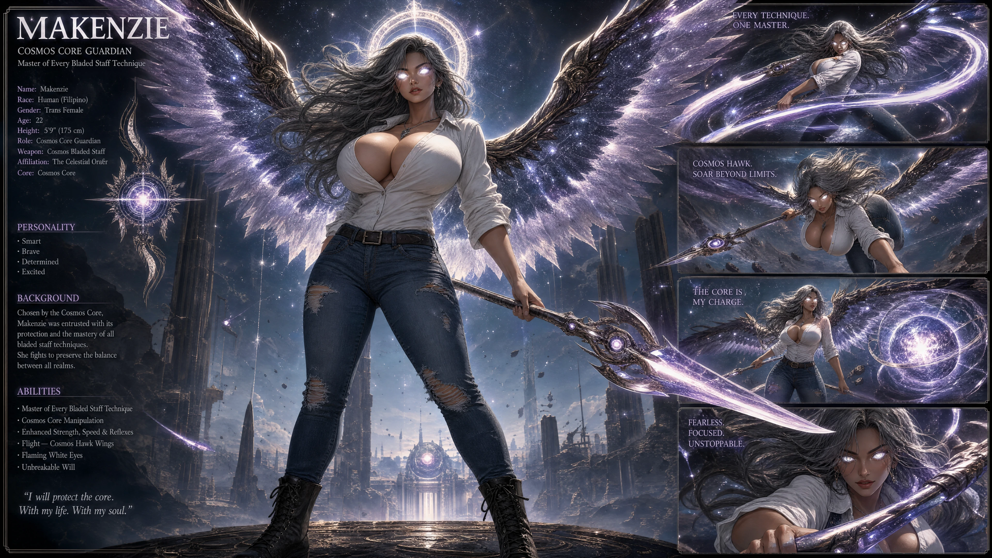 Cosmic winged guardian woman with flaming white eyes