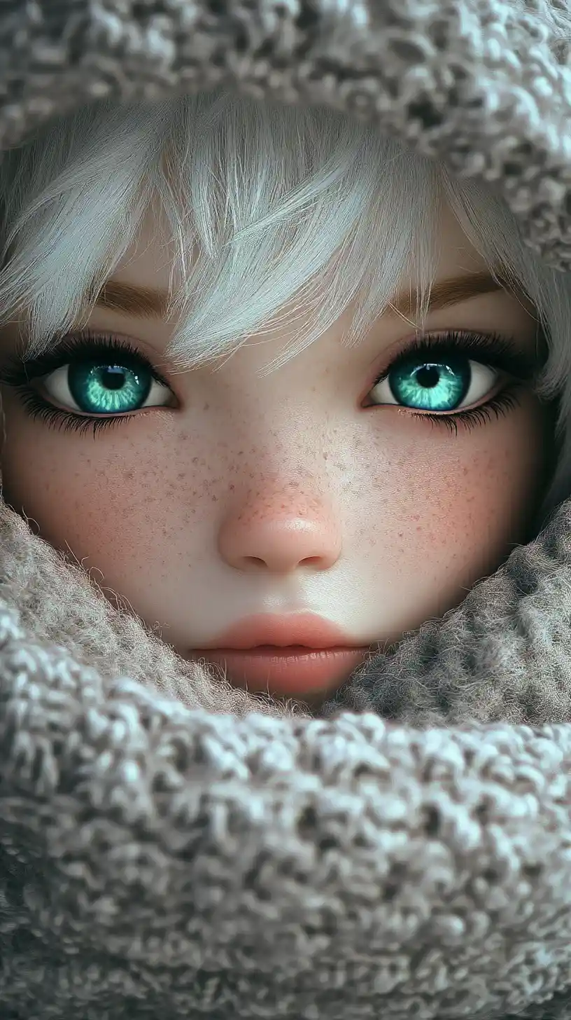 Close up of doll like child with turquoise anime eyes