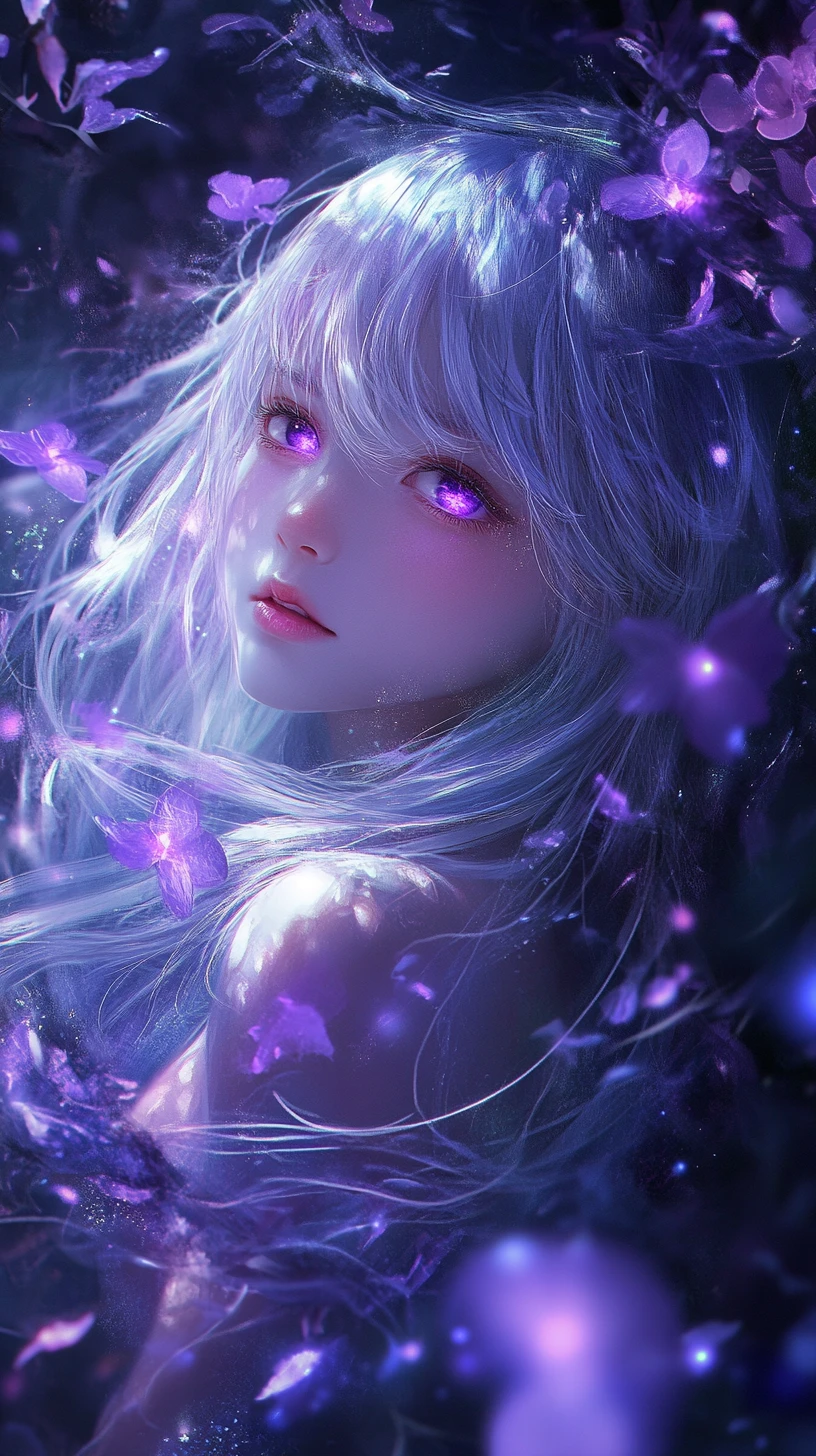 Silver haired anime girl in glowing purple forest