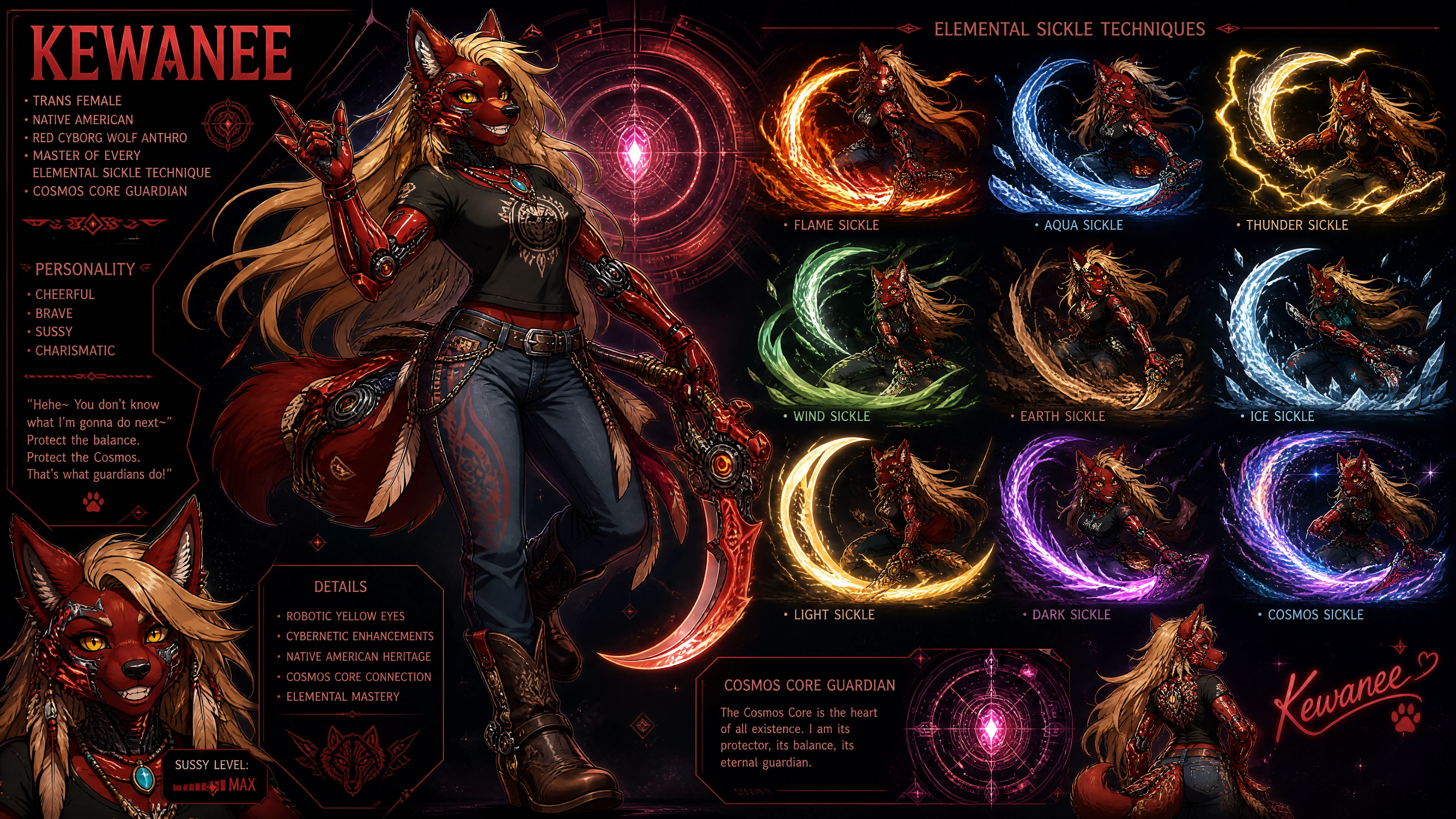 Cheerful anthro cyborg wolf guardian with flowing gold hair