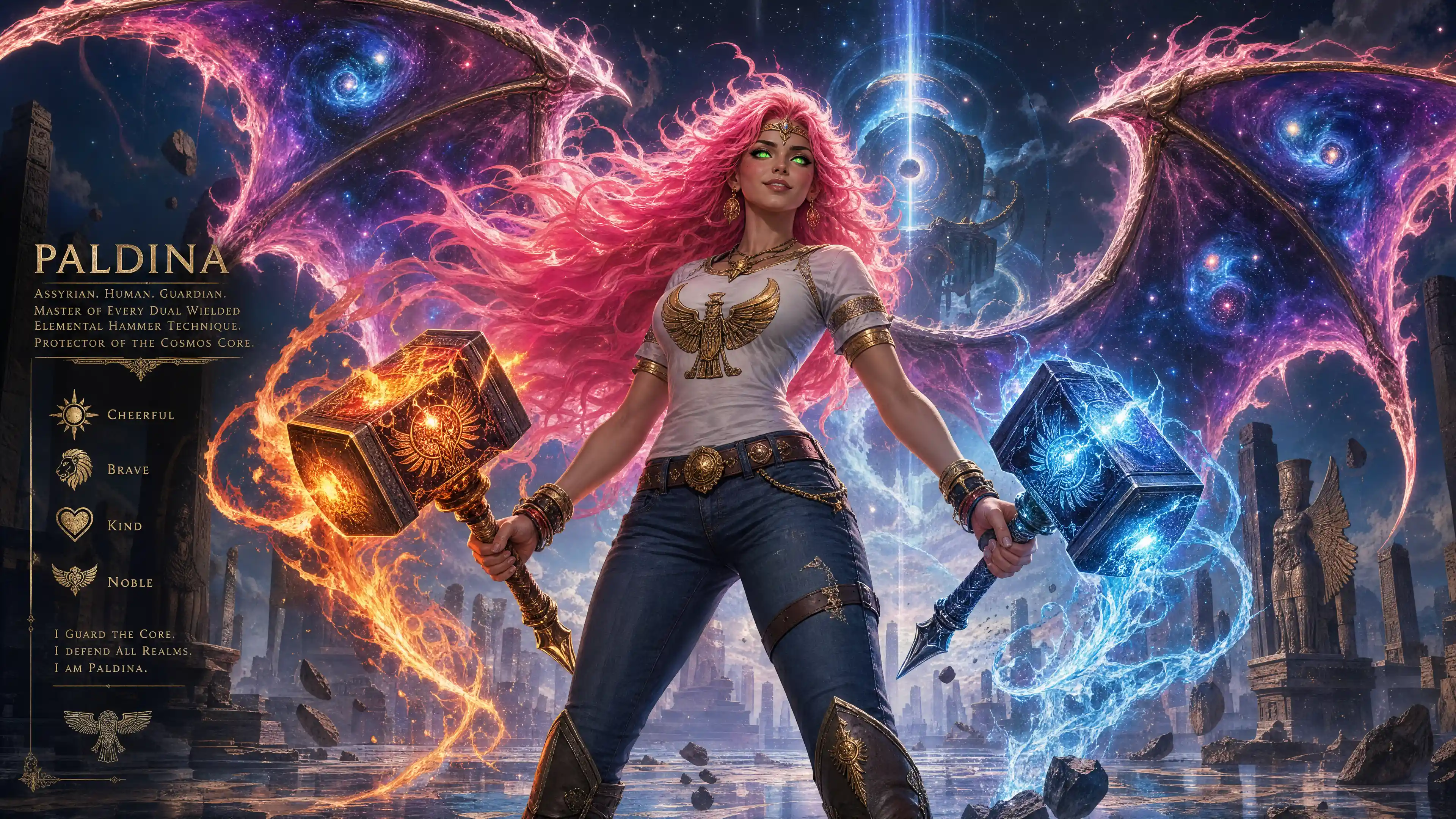 Brave winged woman with flaming hair and glowing green eyes