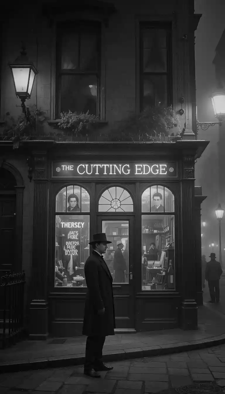 Victorian barber standing on a foggy gothic city street