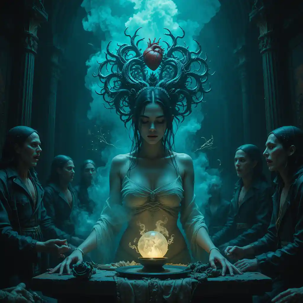 Surreal gothic witch trial with a defiant central woman