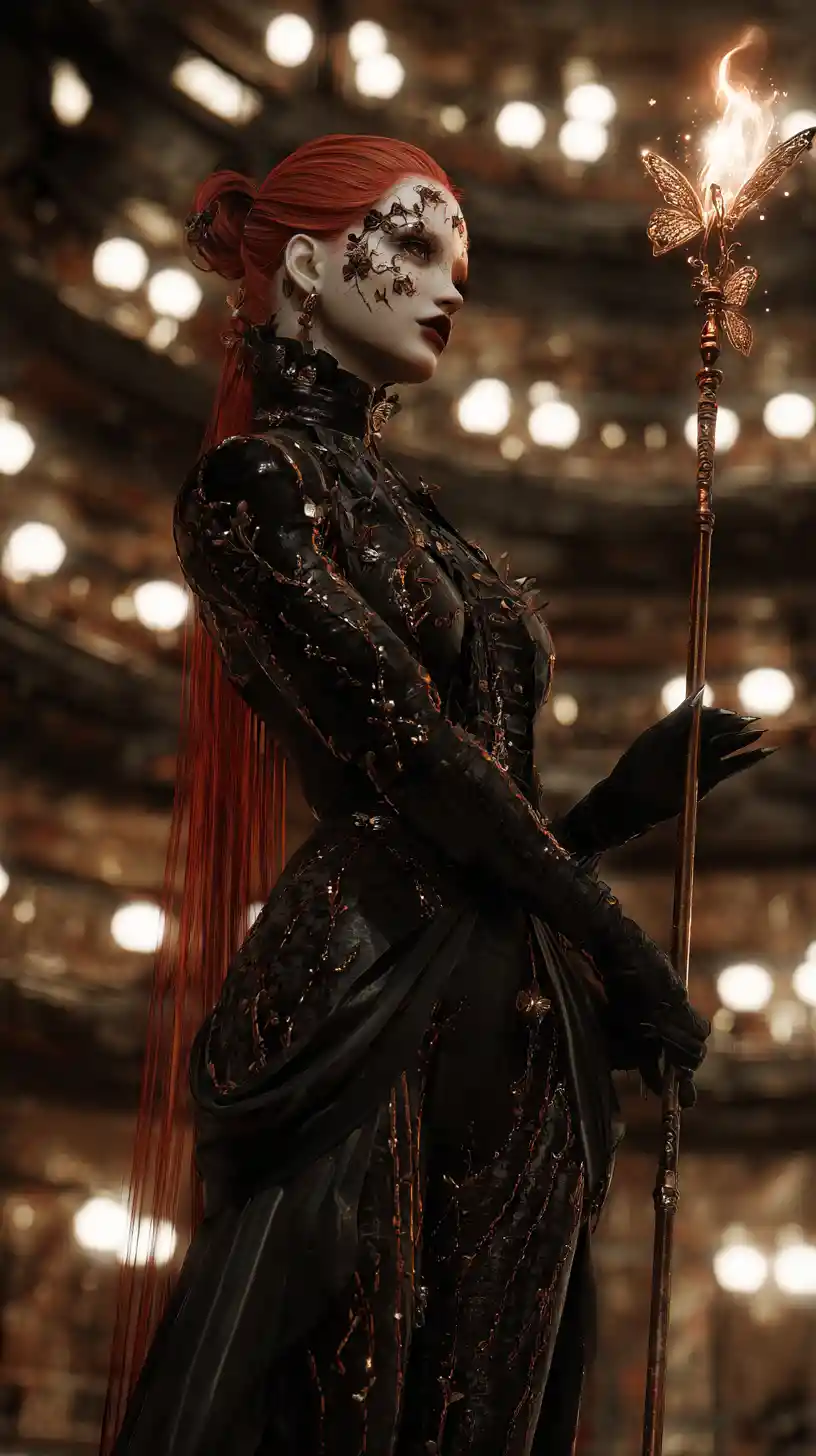 Otherworldly hybrid woman with blazing staff and red hair