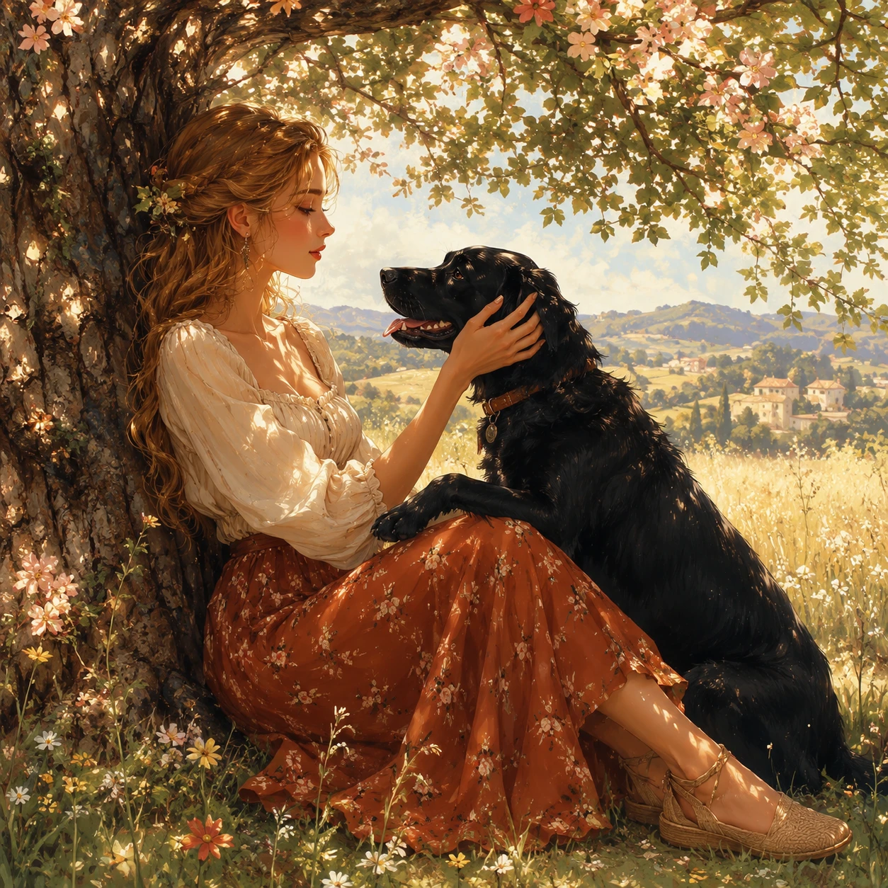 Chica con labrador negro descansando bajo un árbol florecido