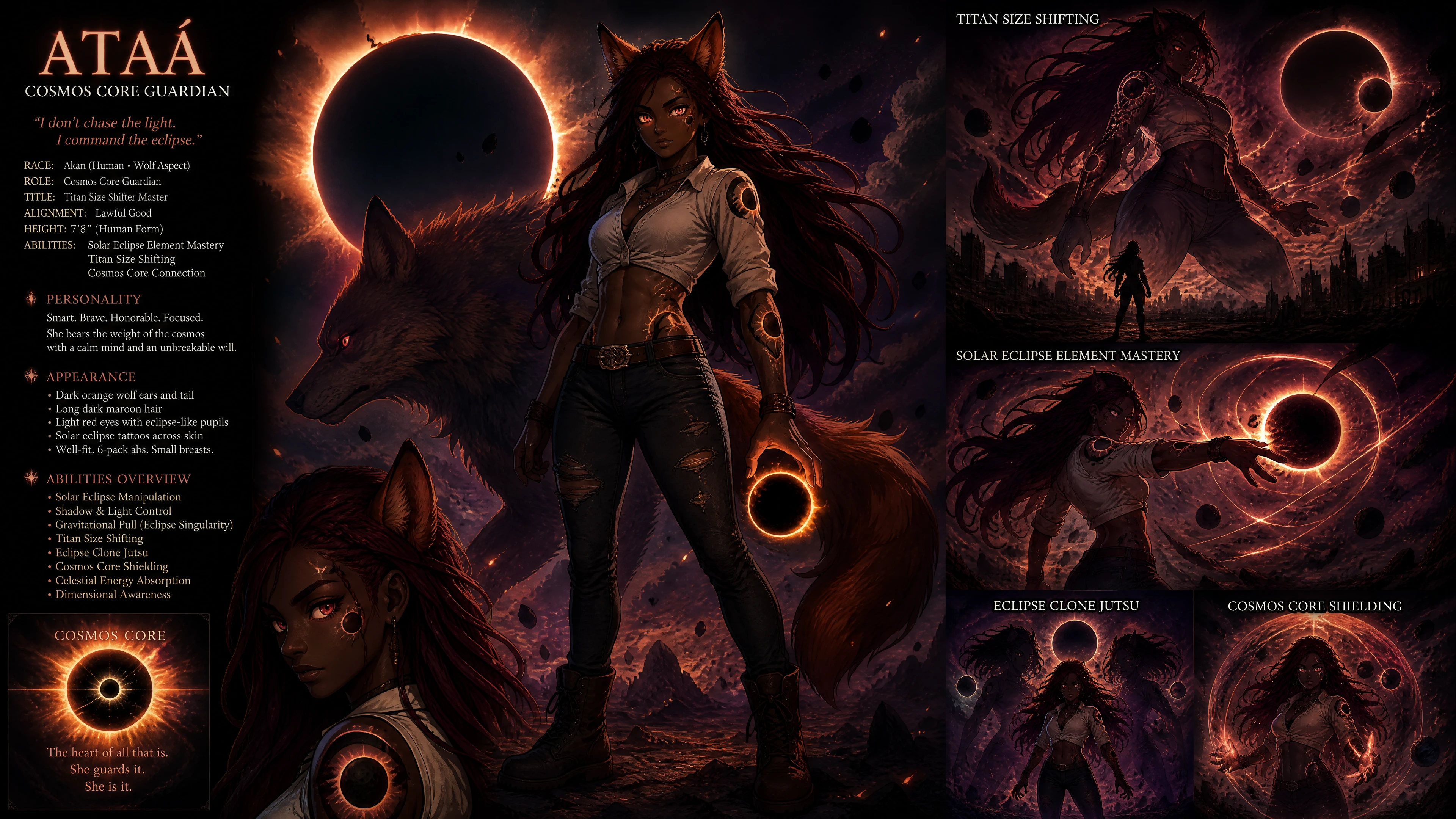 Wolf eared fantasy woman with eclipse tattoos and abs