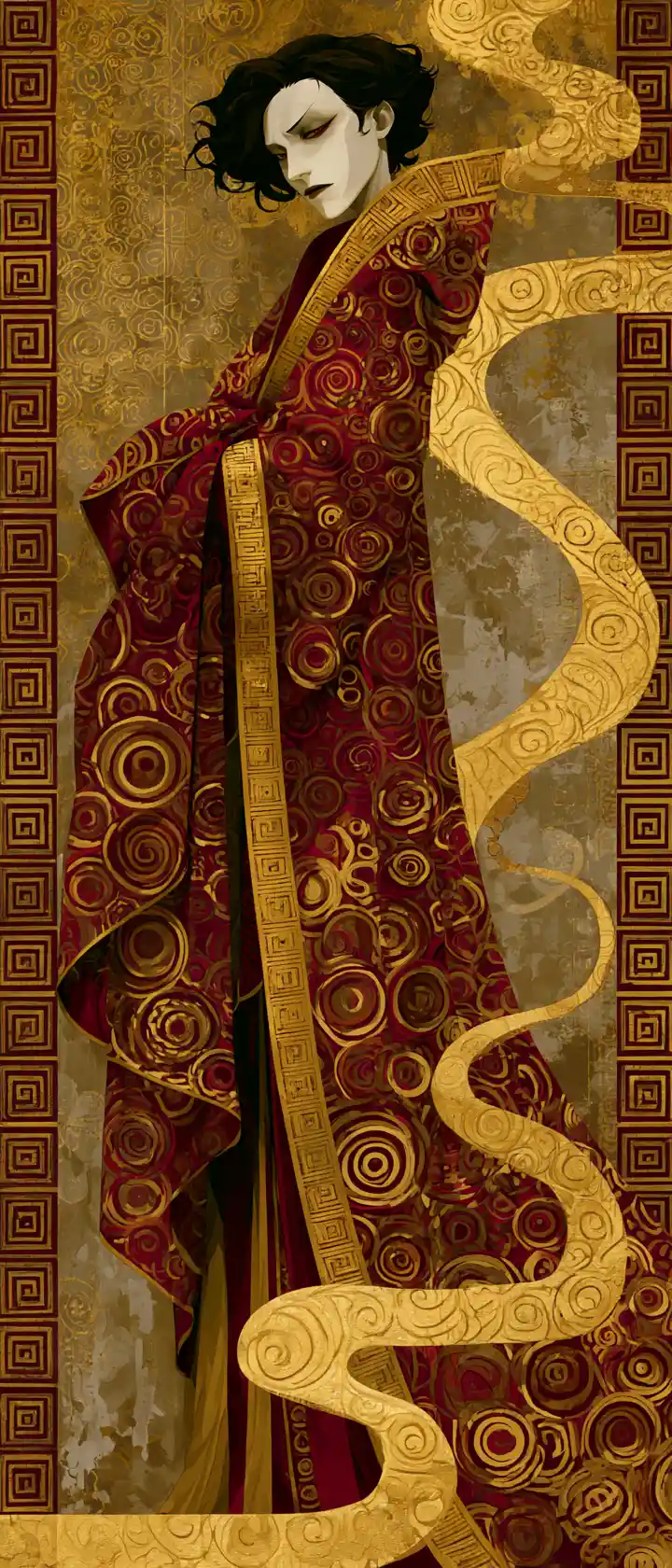 Regal anime woman in crimson robe with swirling golden stream
