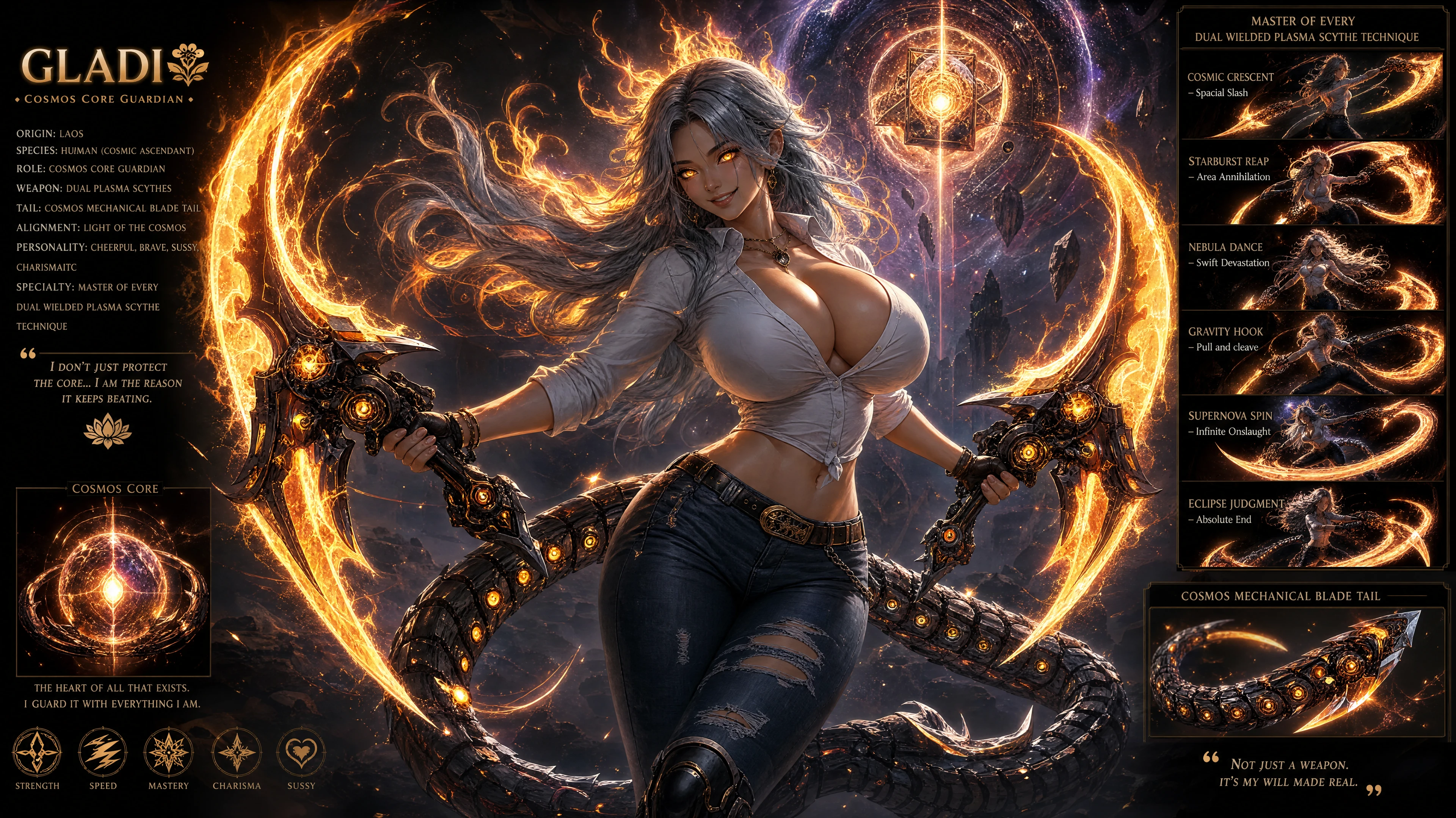 Mutige Sci-Fi-Frau mit flammendem Haar und Plasmasensen