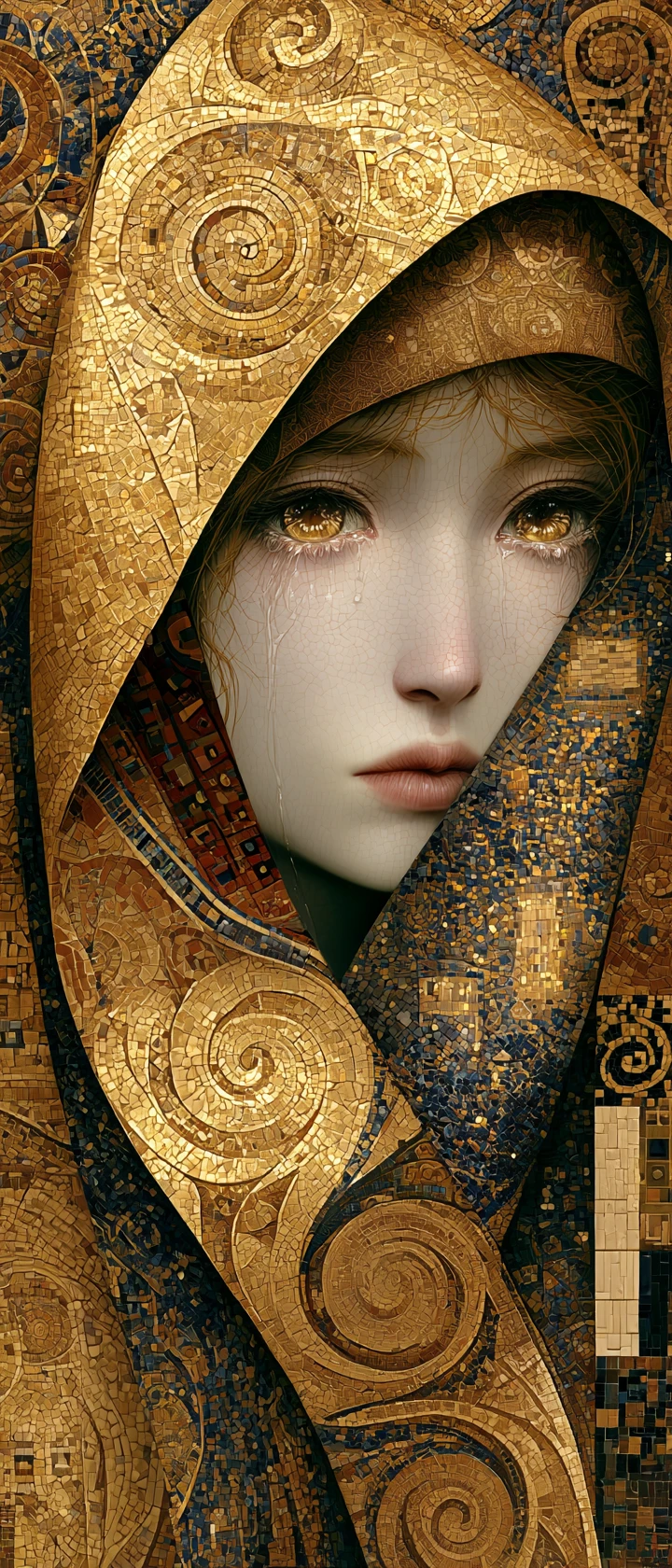 Sorrowful anime woman wrapped in ornate golden cloak