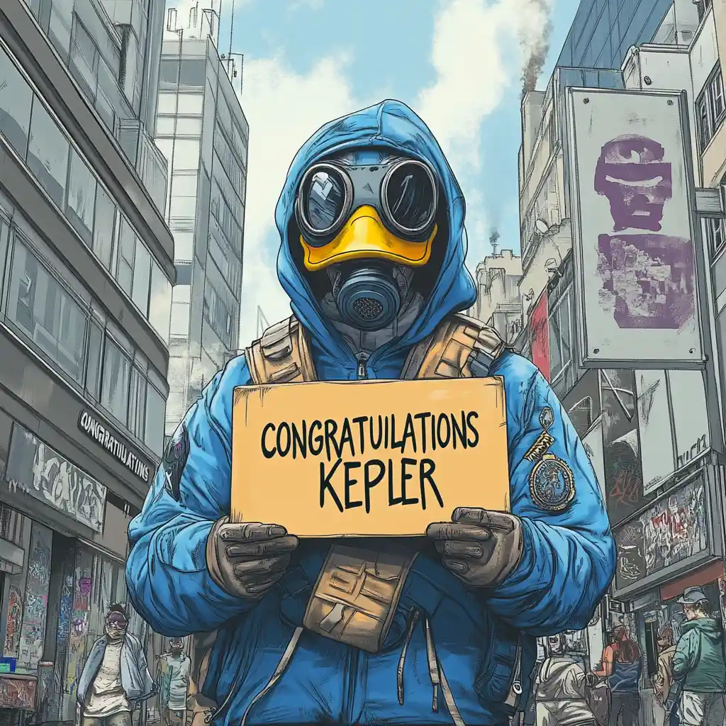 Man in duck gas mask holding sign in urban graffiti scene