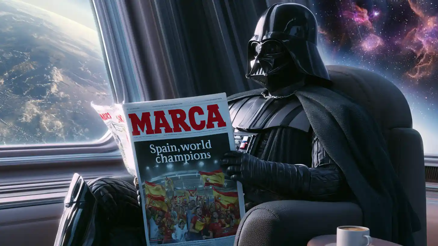Darth Vader relaxing in a chair reading a sports newspaper