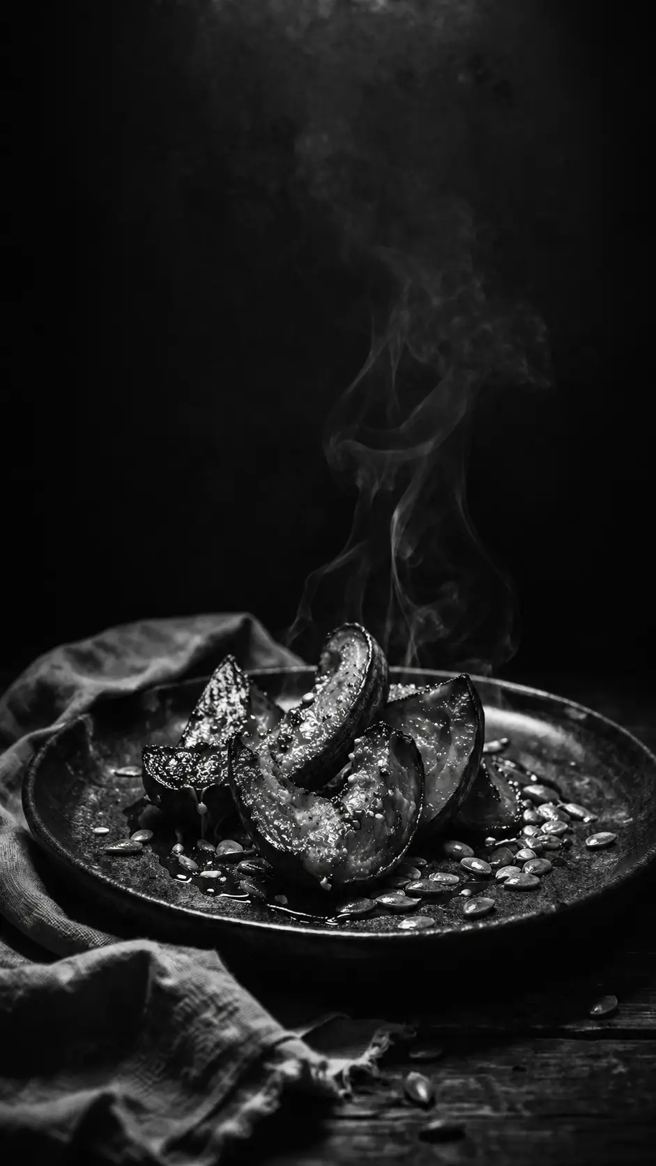 Dramatic Roasted Pumpkin Still Life In Black And White