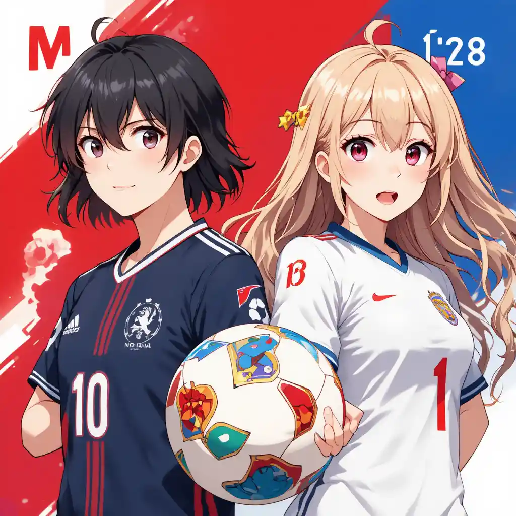 Anime boys and girls at a colorful Japan football event