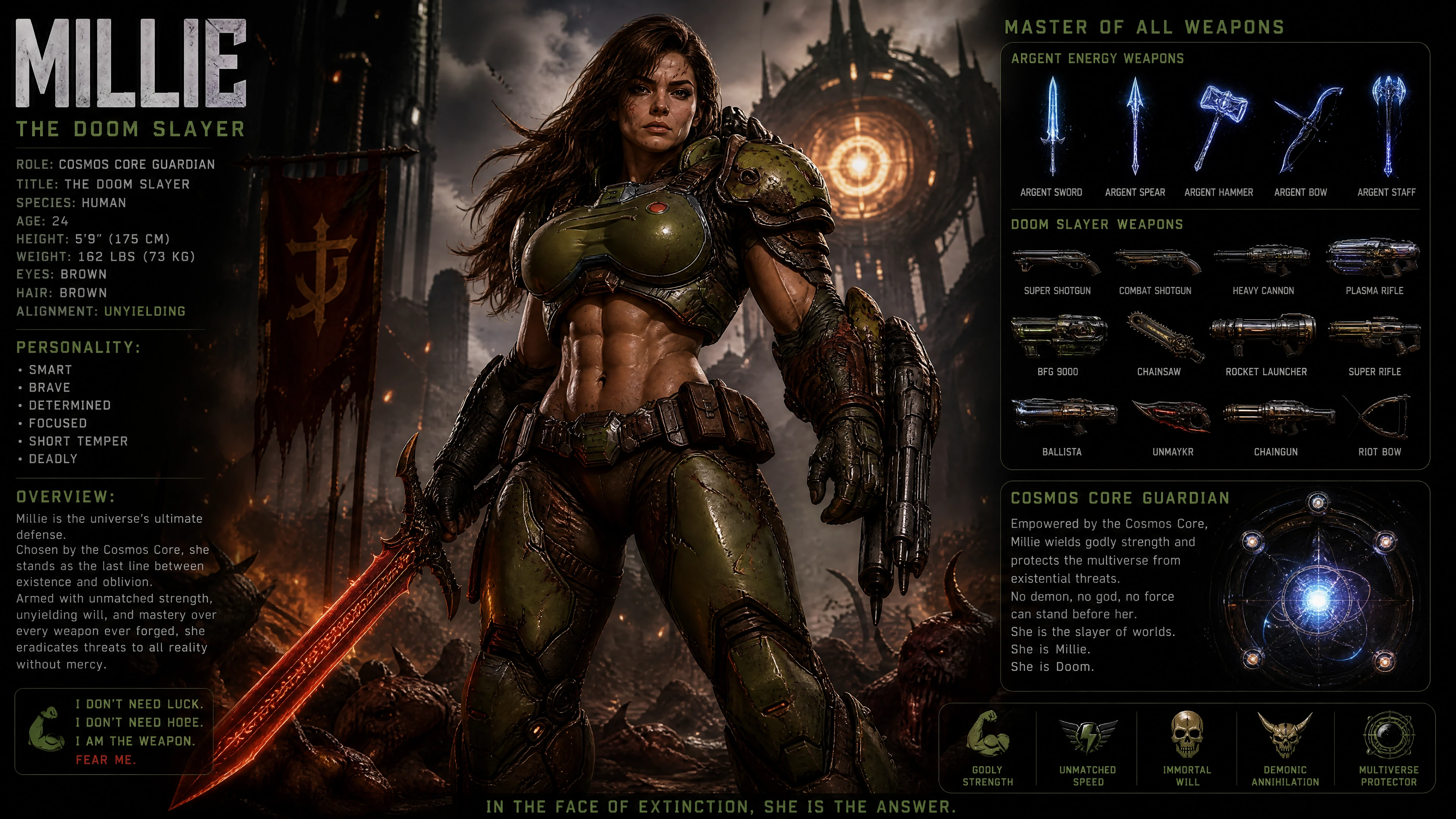 Armored warrior woman with cosmic doom slayer power