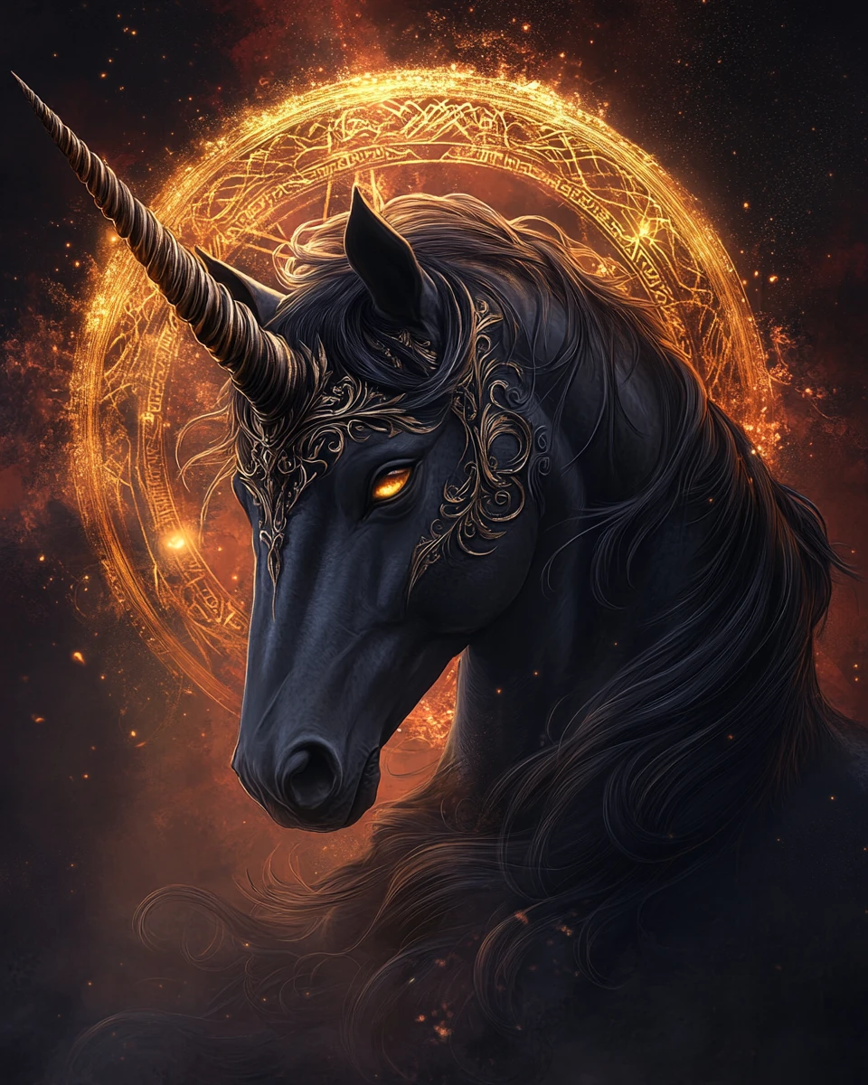 Dark fantasy portrait of a regal black unicorn