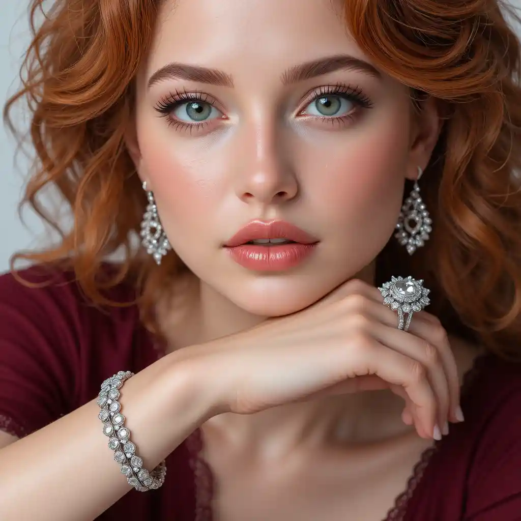 Close up ginger woman showcasing diamond jewelry in studio