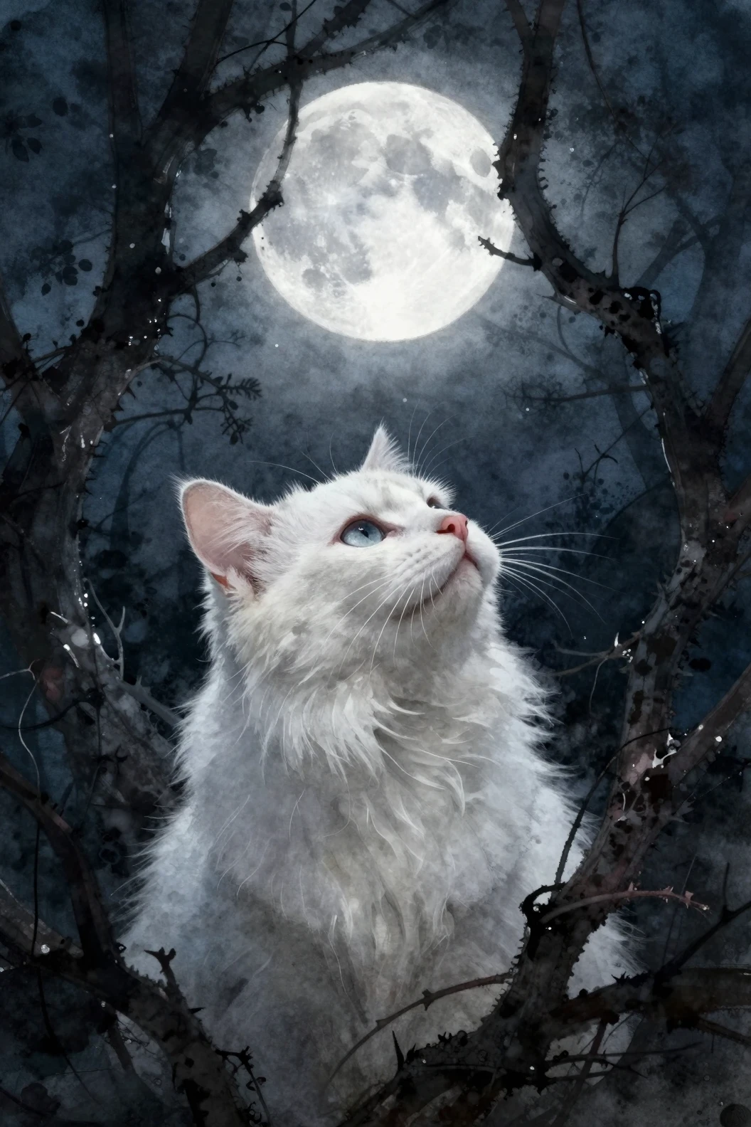 Gato blanco entre espinas a la luz de la luna bajo una dramática luna llena