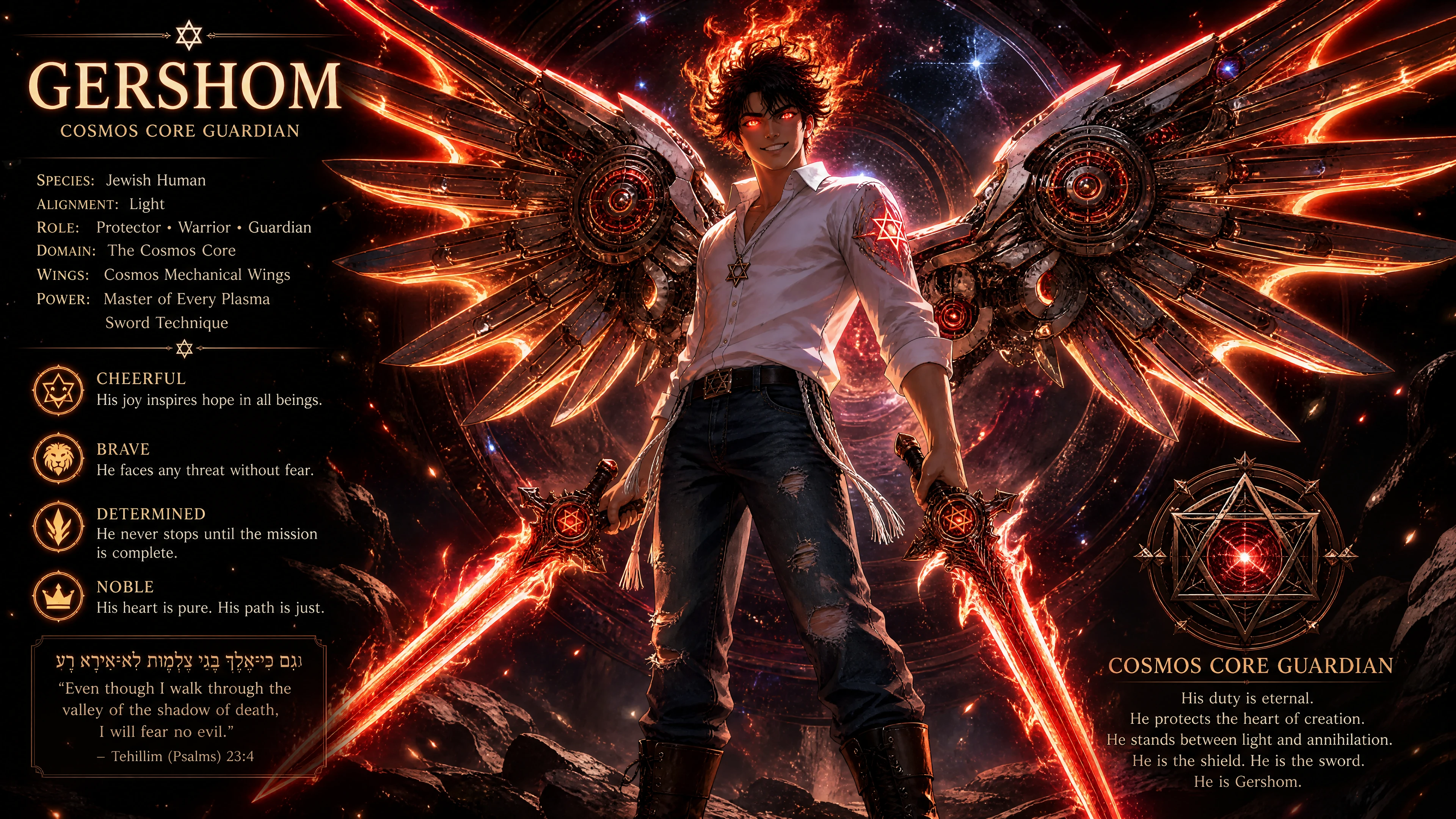 Brave cosmic warrior with mechanical wings and flaming hair