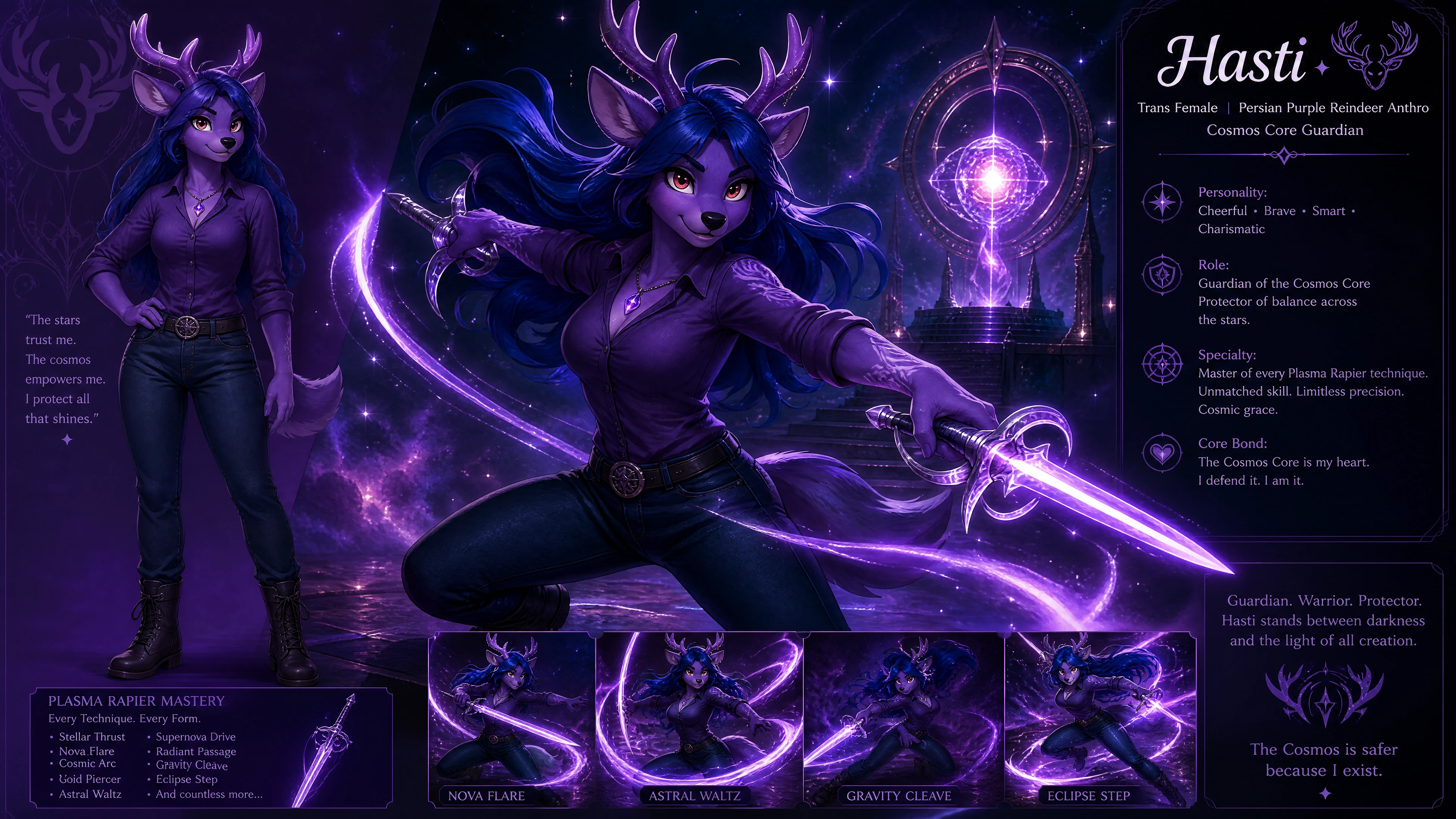 Purple reindeer heroine with plasma rapier in cosmic space