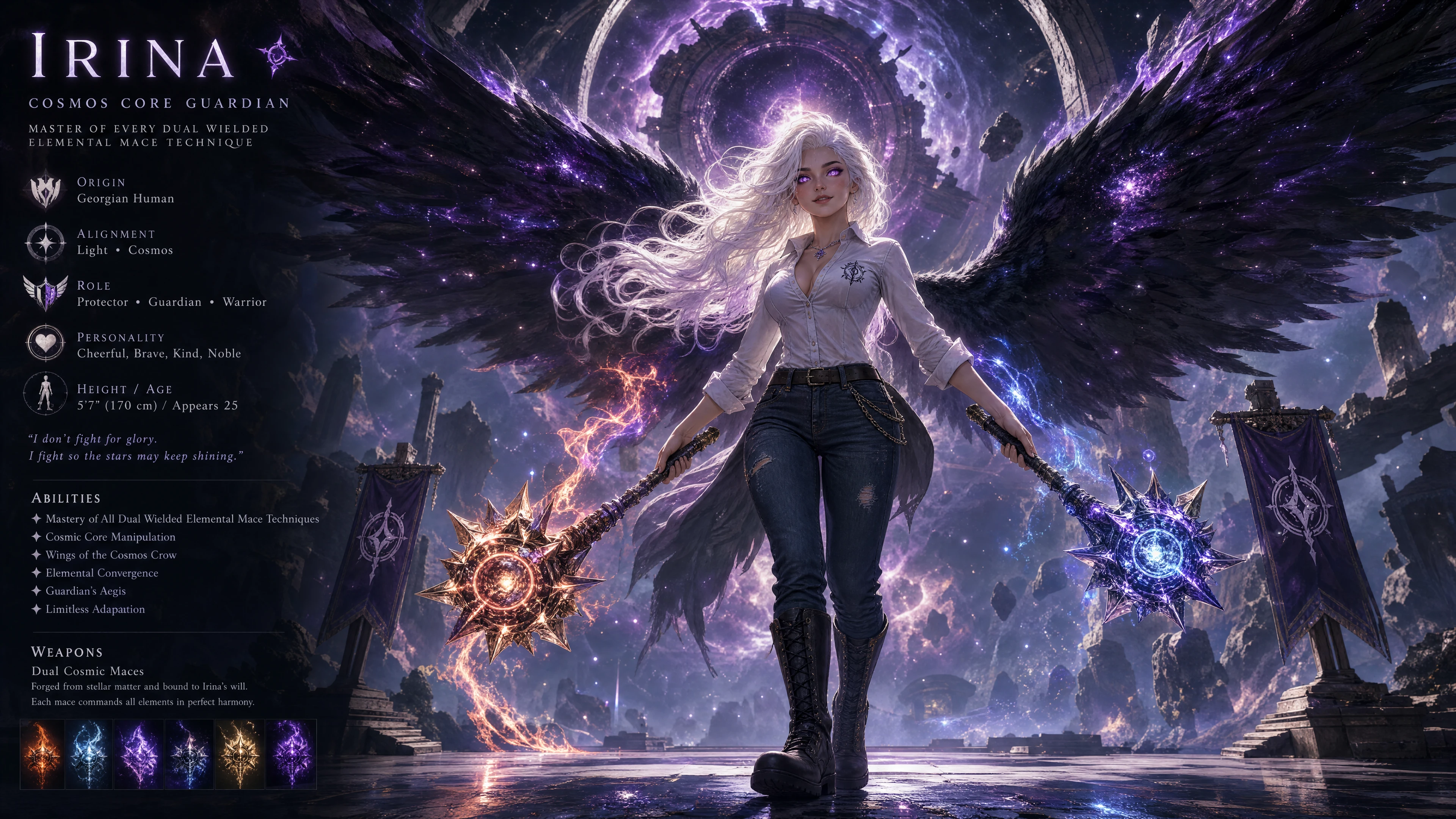 Cosmic winged woman with flaming hair and eyes