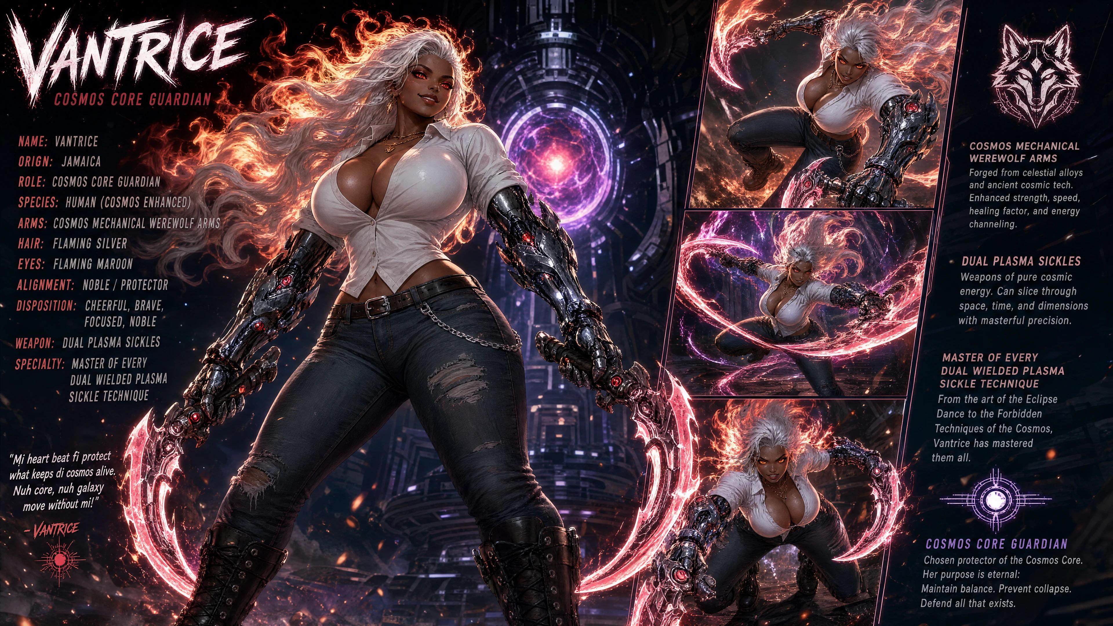 Brave cybernetic woman with flaming hair and plasma sickles