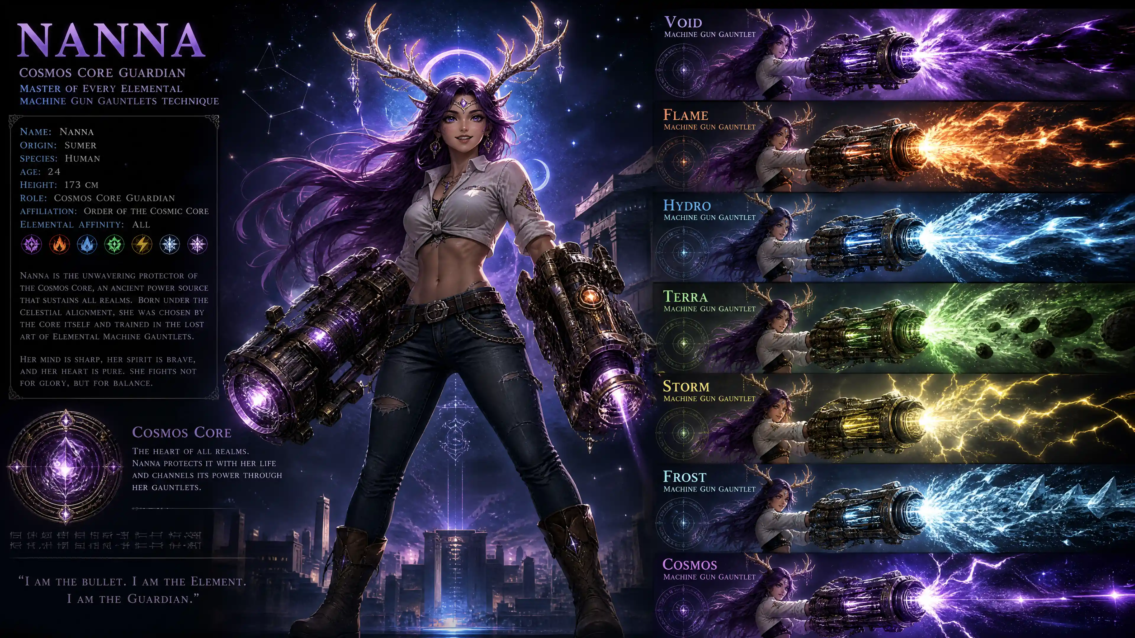 Cosmic horned woman with amethyst hair and gauntlets