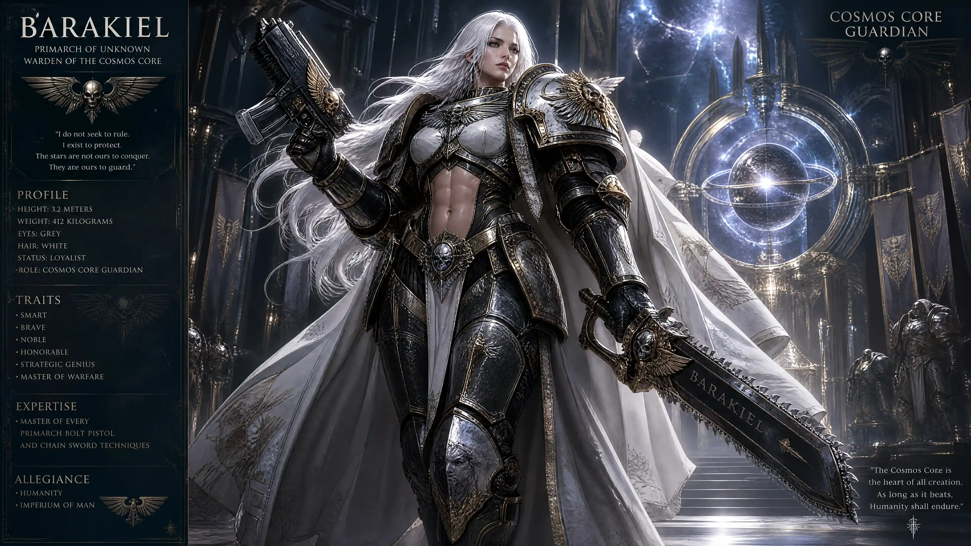 Armored female warrior standing as guardian of the cosmos