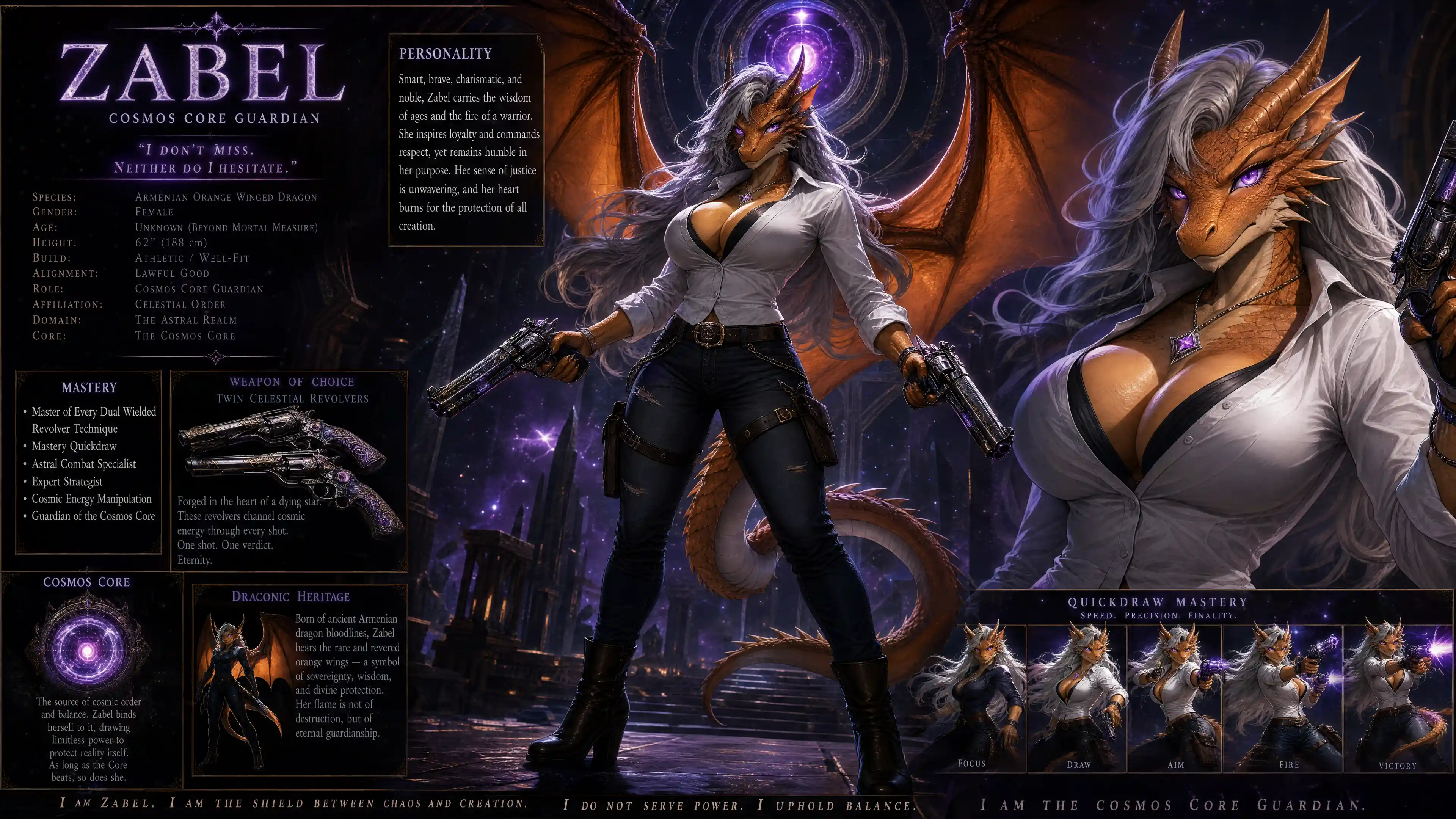 Armenian dragon woman with orange wings and cosmic revolvers