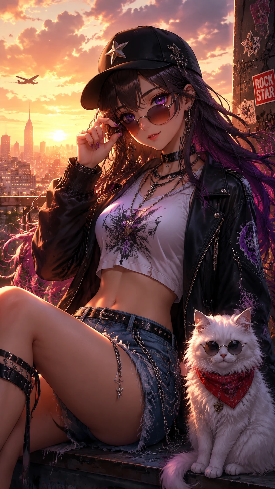 Anime girl in streetwear with cat at sunset