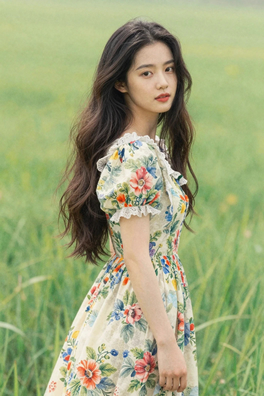 Ethereal woman in floral dress standing in a green field