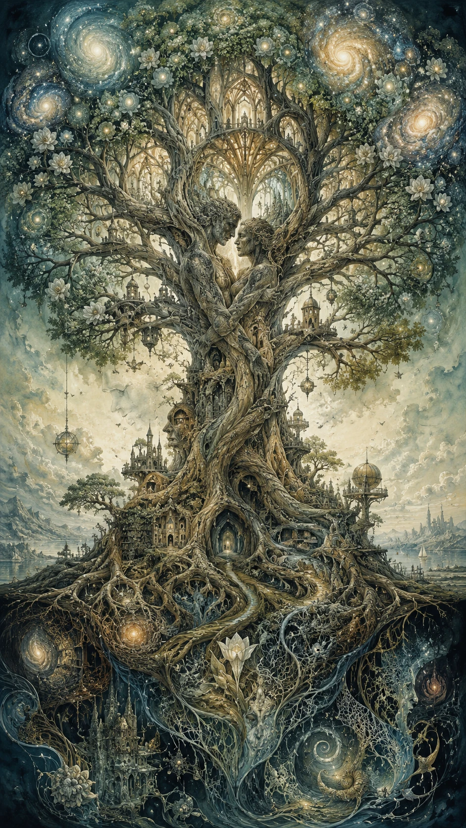 Surreal tree of life merging humans, architecture and galaxies