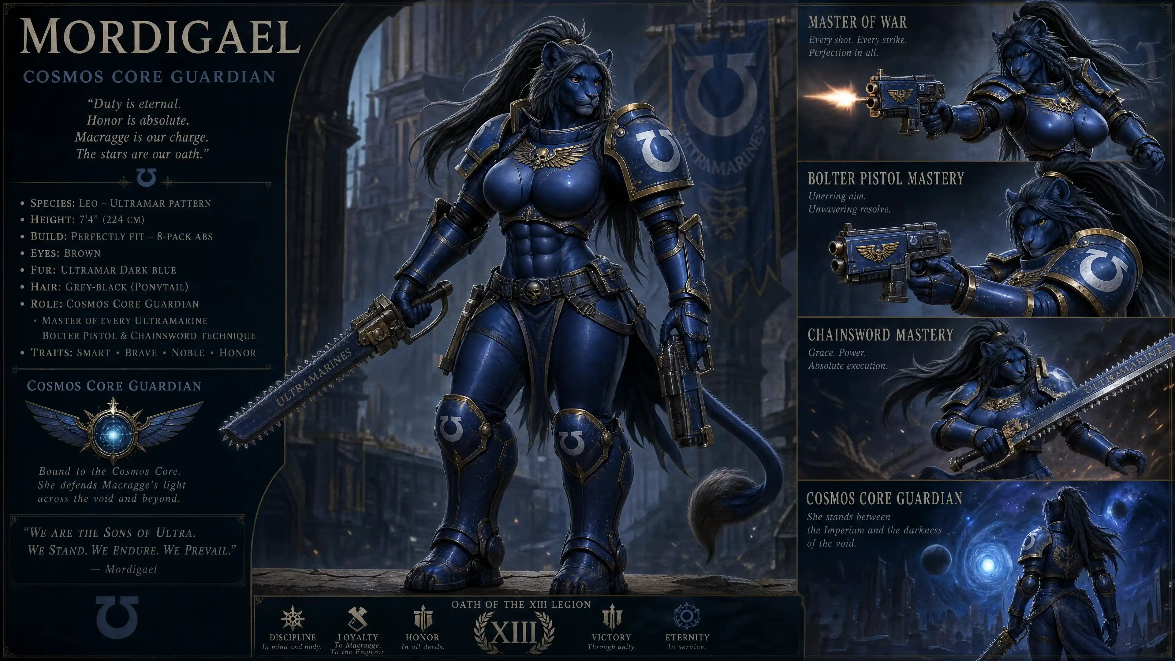 Heroic blue lion warrior woman in cosmic armor