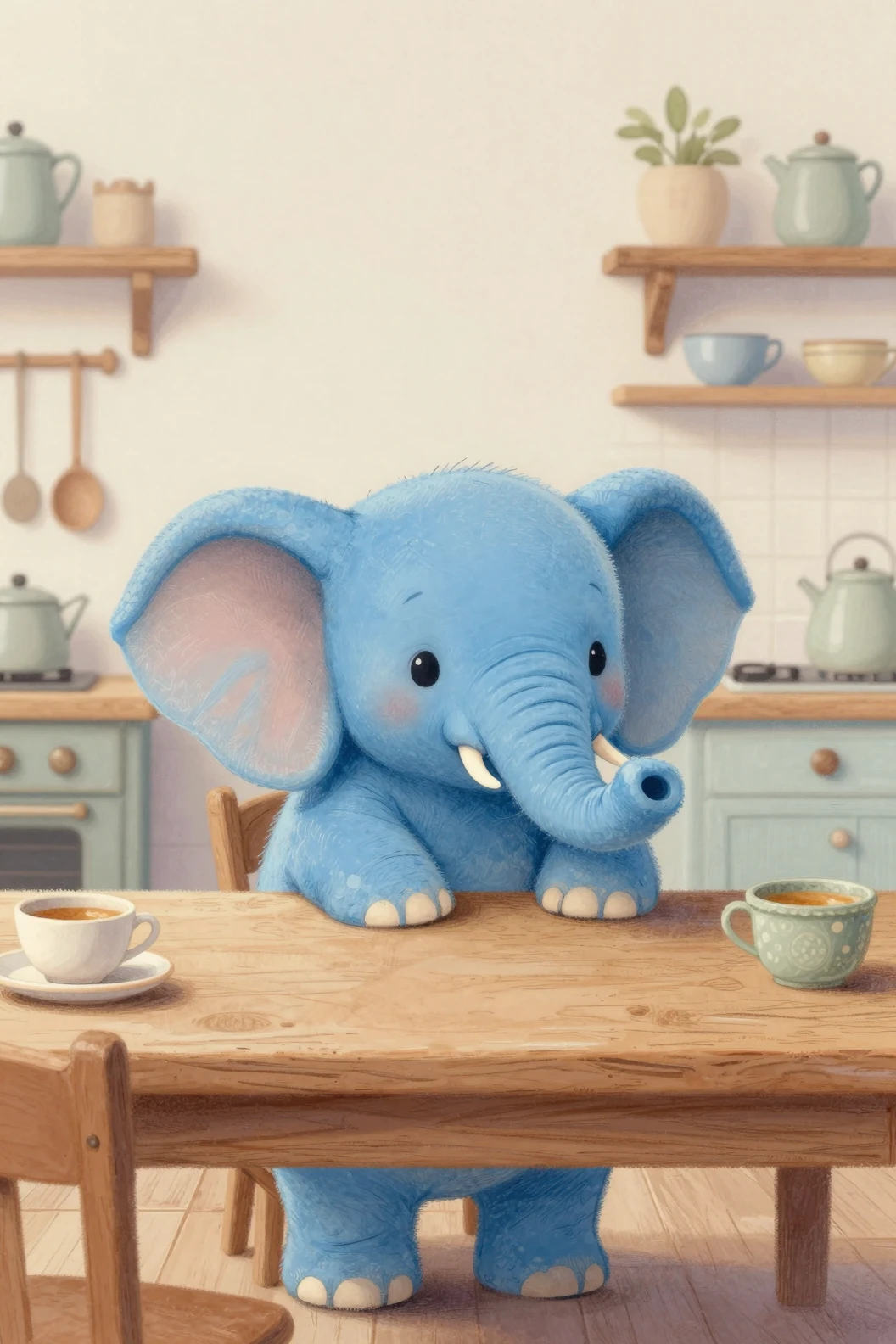 Cute baby blue elephant peeking over a wooden kitchen table