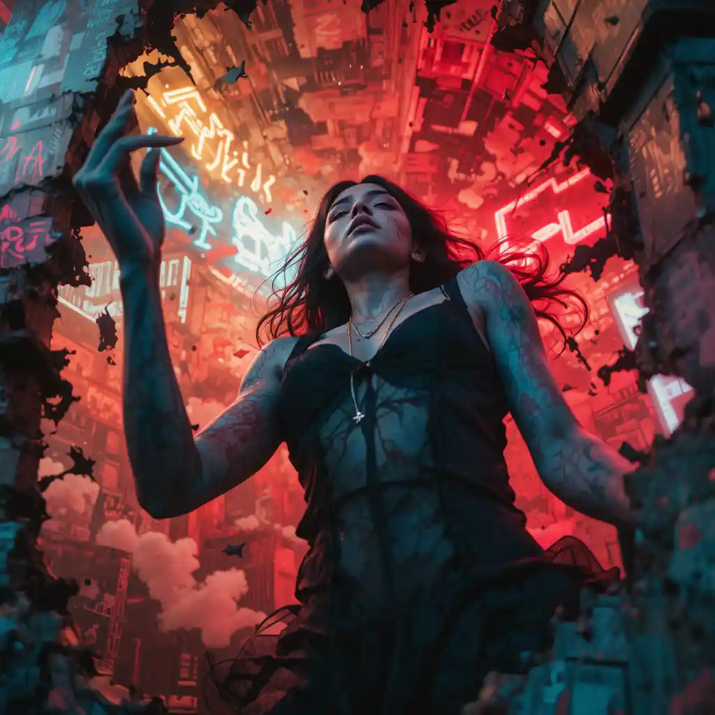 Surreal woman dissolving into swirling ink and shadow