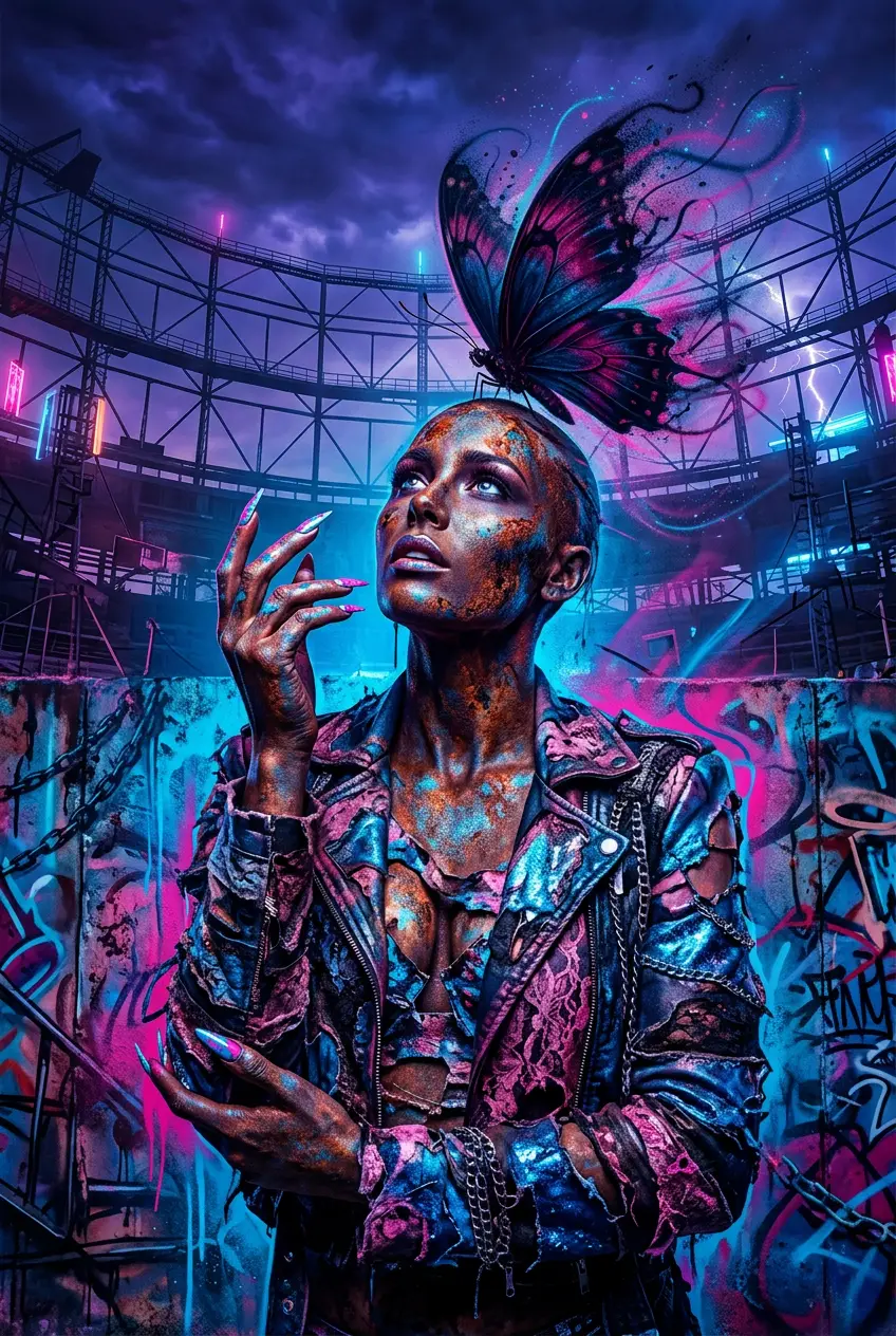Surreal woman with rusty skin under dark butterfly dome