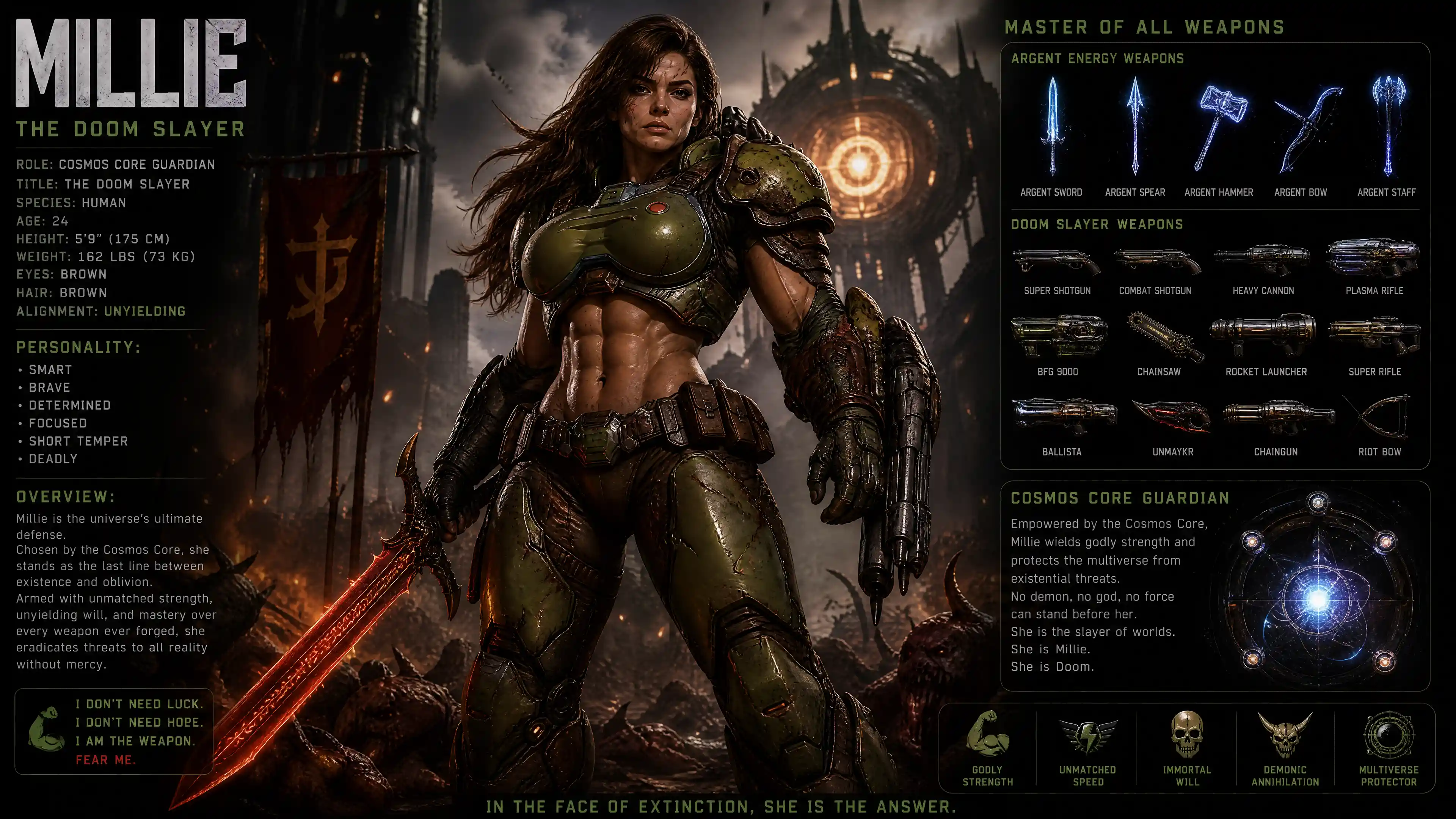 Armored warrior woman with cosmic doom slayer power