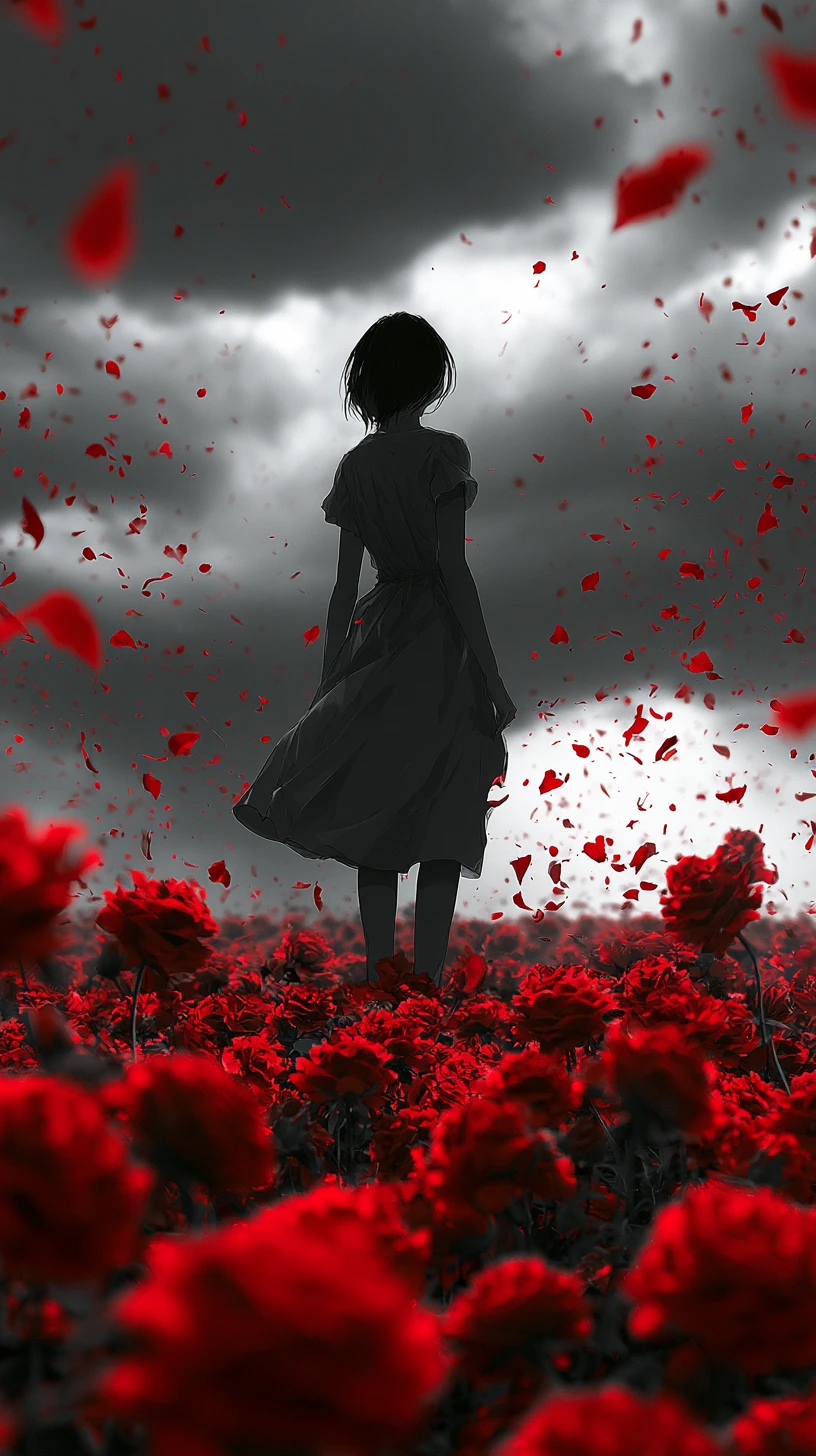 Girl in a dress amid red roses under a dark sky
