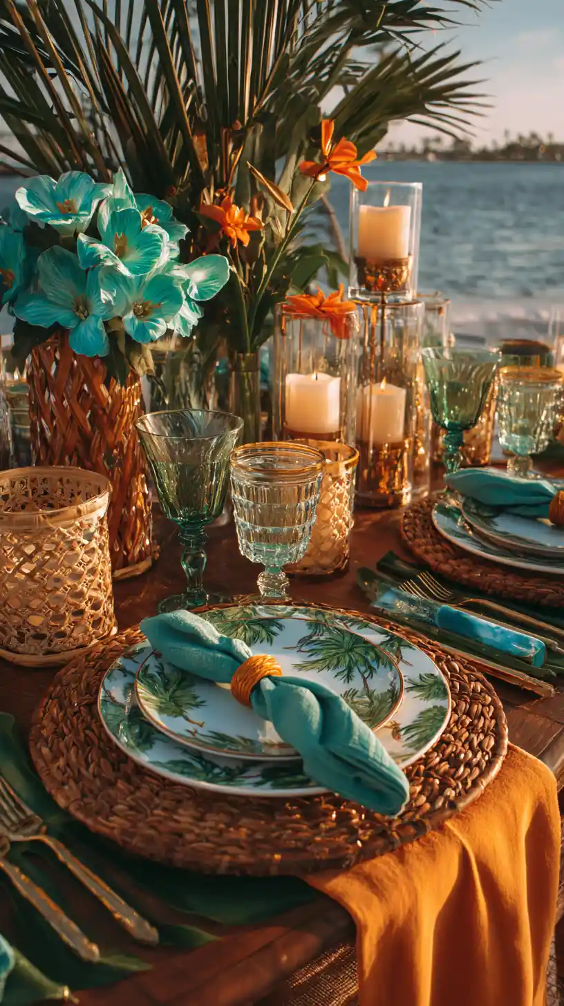 Elegant tropical outdoor dining table at sunset
