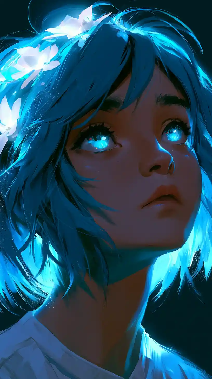 Blue haired anime girl in glowing ethereal portrait