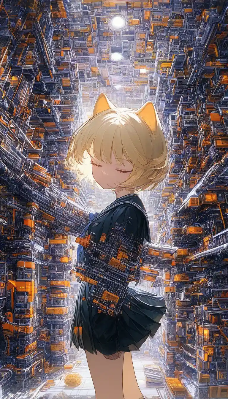 Anime schoolgirl with feline ears in an indoor setting