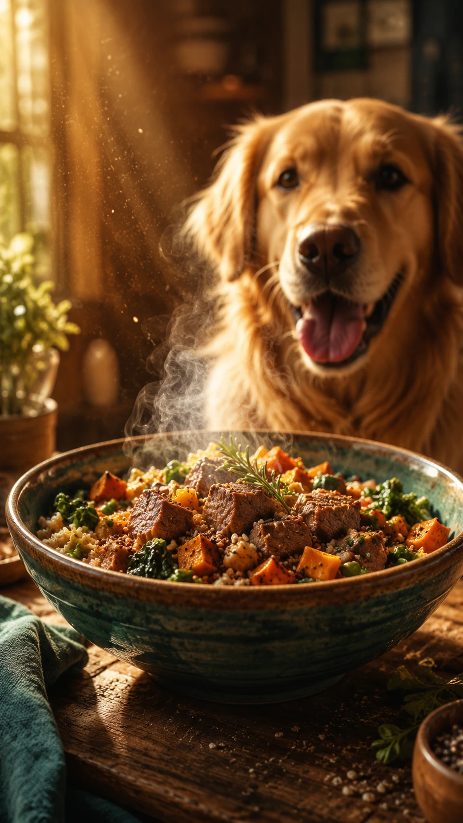 Cuenco de comida caliente para mascotas junto a la ventana con golden retriever