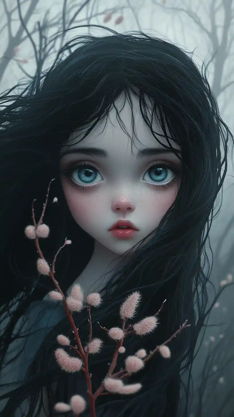 Melancholic girl with willow bouquet in misty forest