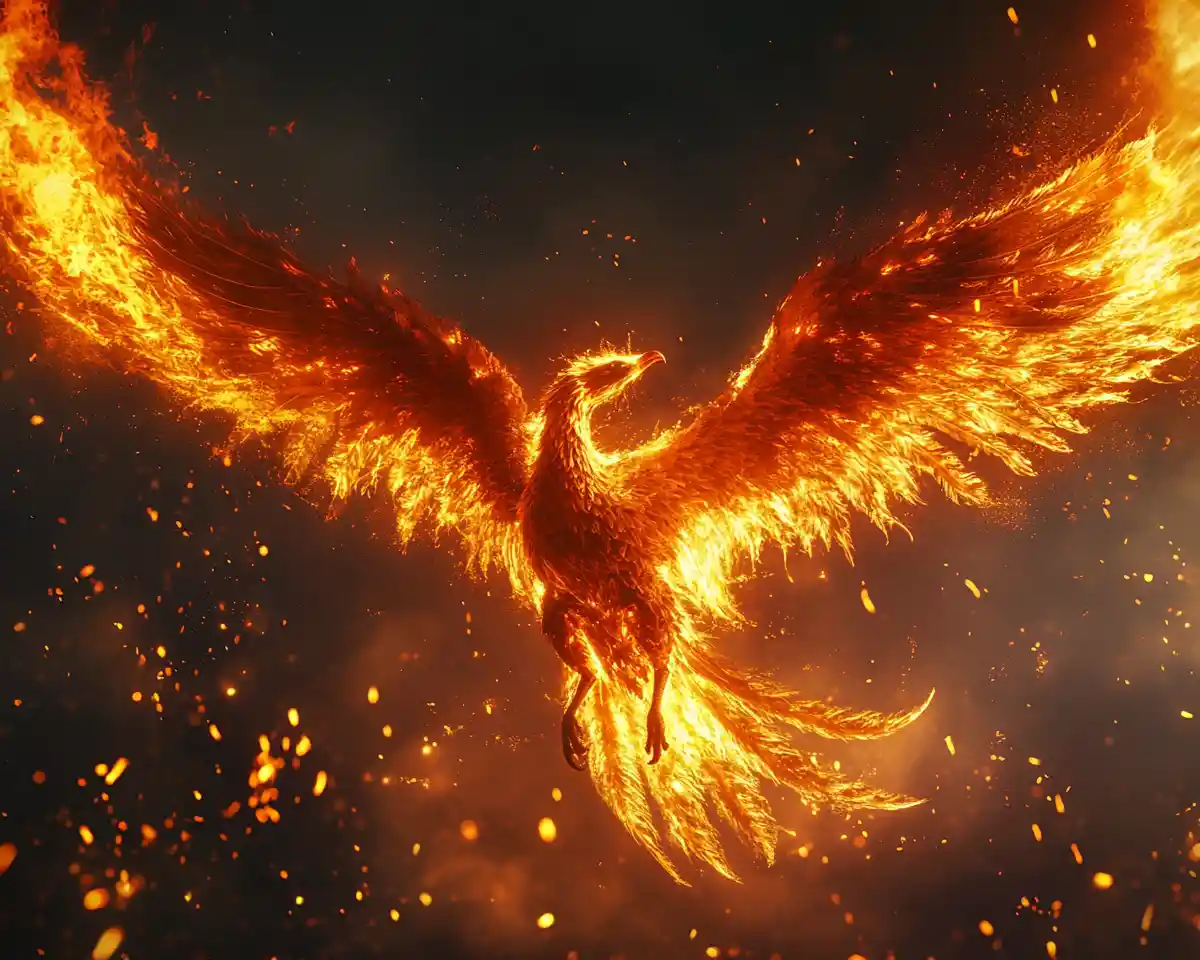 Majestic phoenix rising from blazing ashes in fiery glow