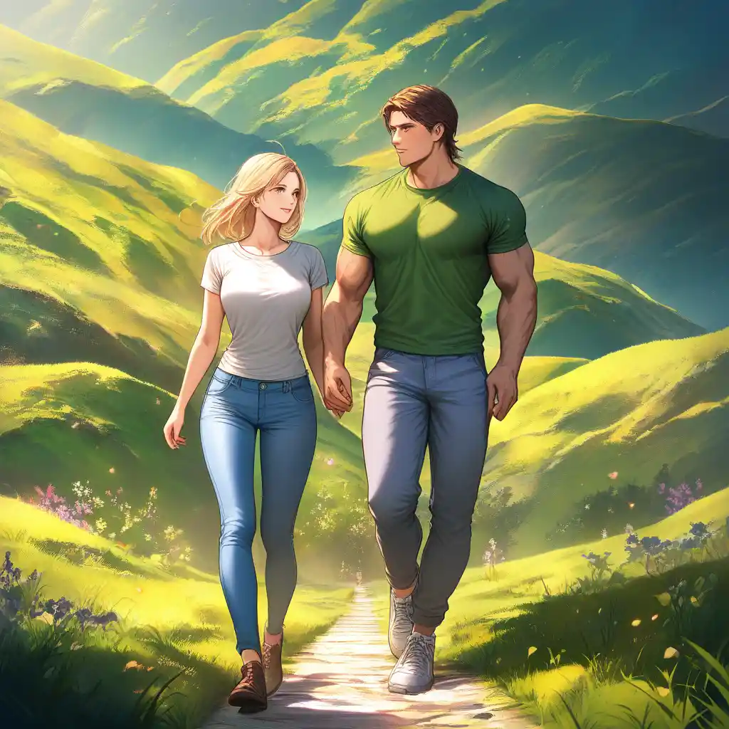 Fit couple walking together through a bright green landscape