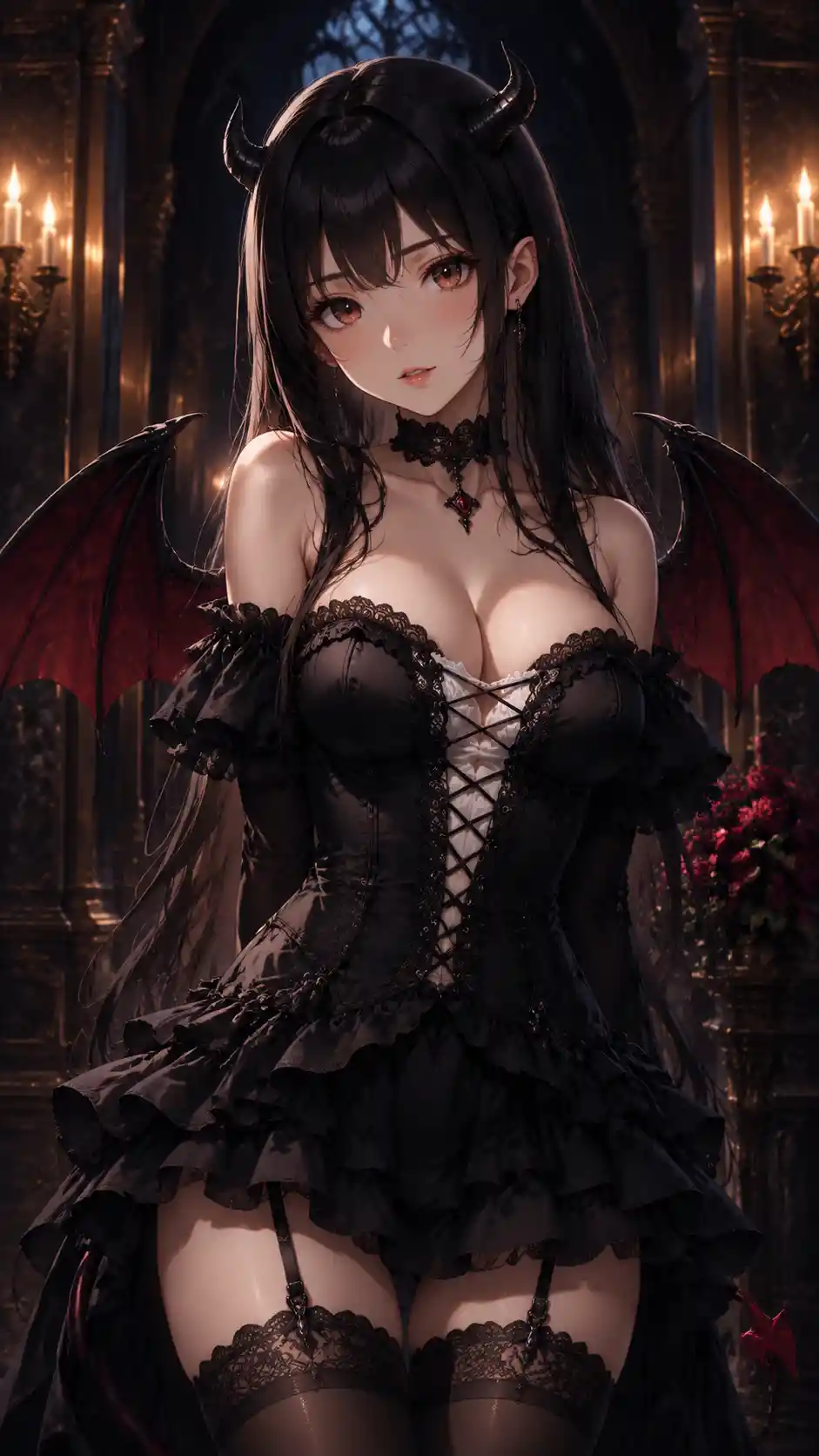 Anime succubus girl in a dark gothic palace interior
